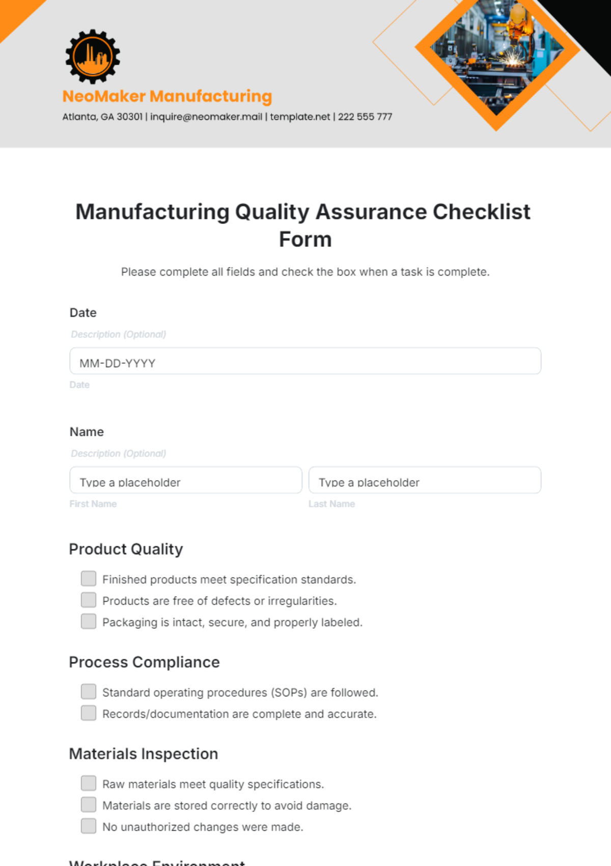 Manufacturing Quality Assurance Checklist Form Template - Edit Online & Download