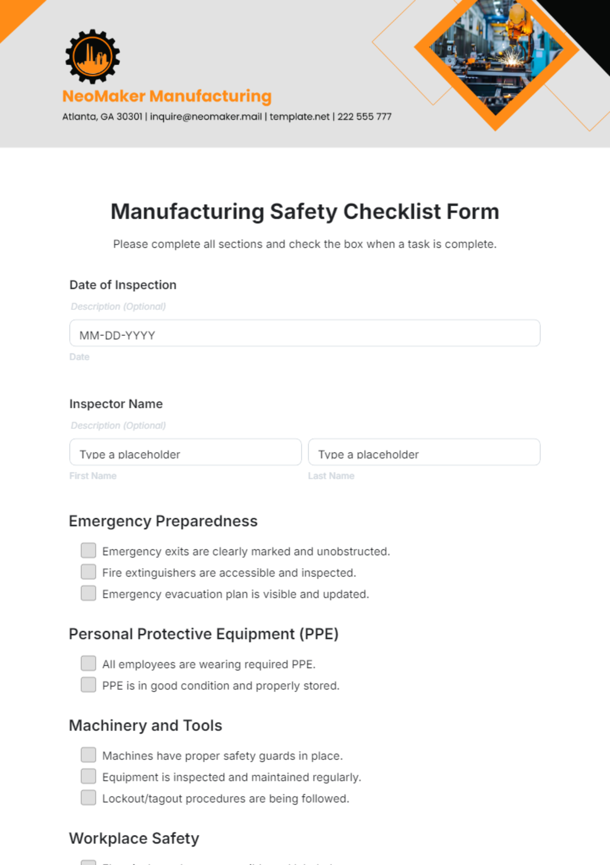 Manufacturing Safety Checklist Form Template - Edit Online & Download