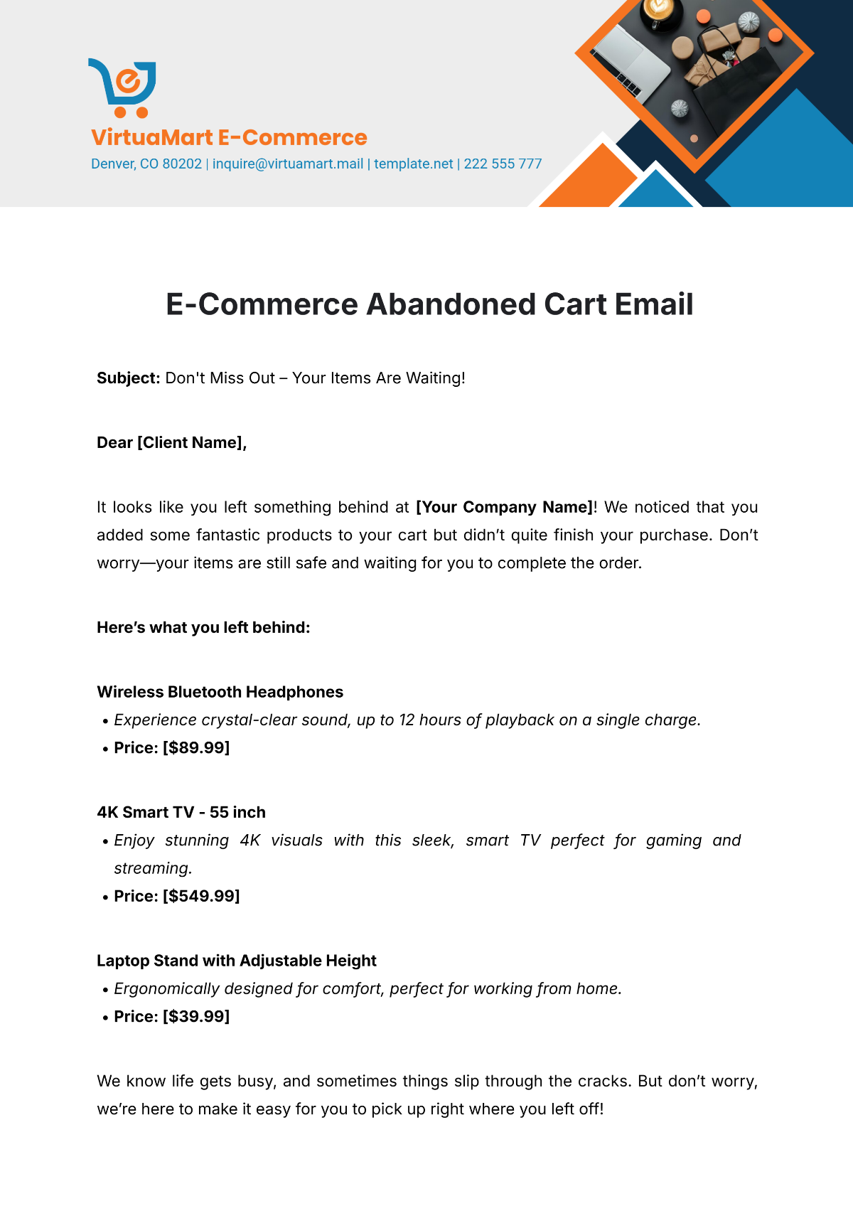 E-Commerce Abandoned Cart Email Template