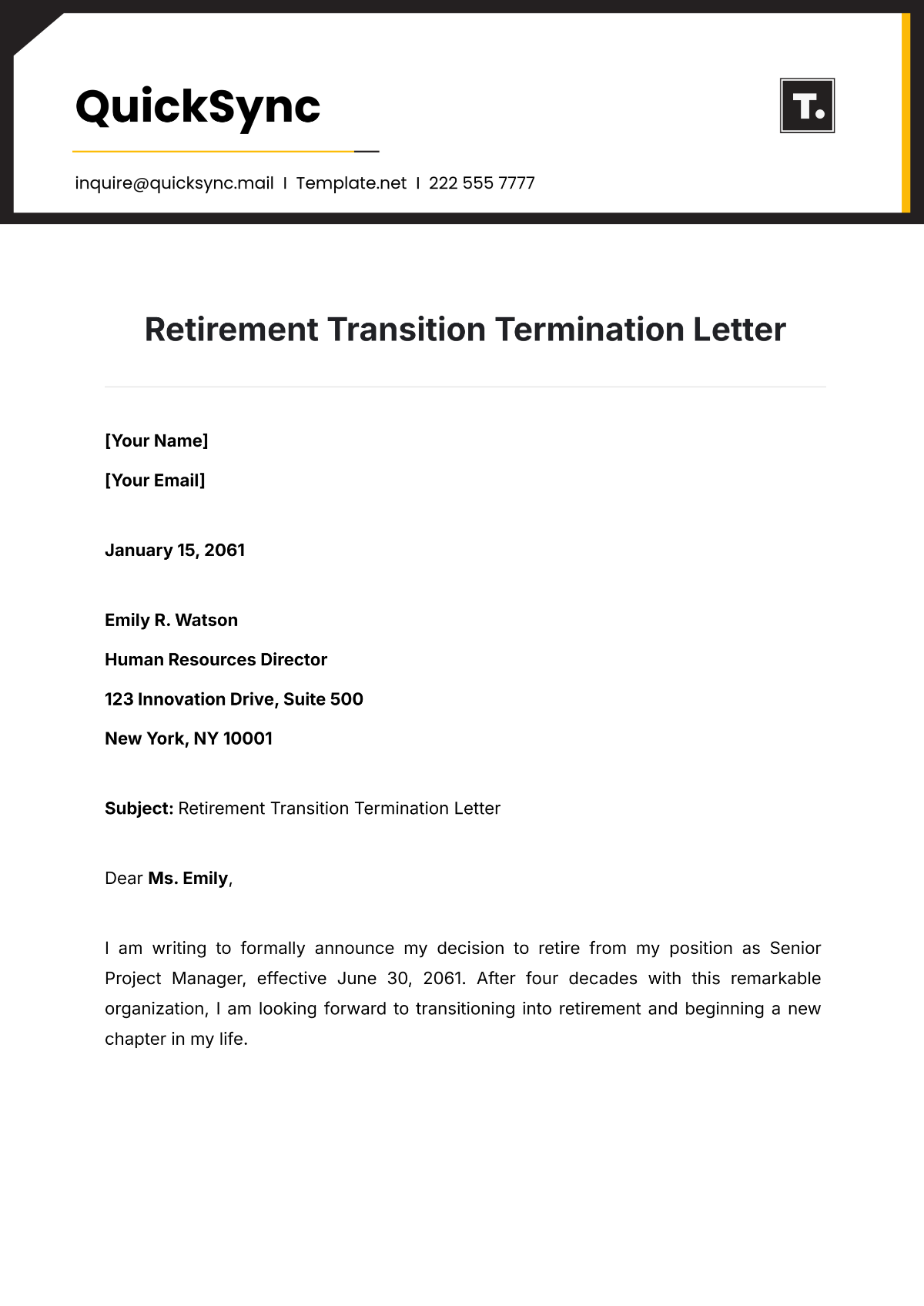 Retirement Transition Termination Letter Template