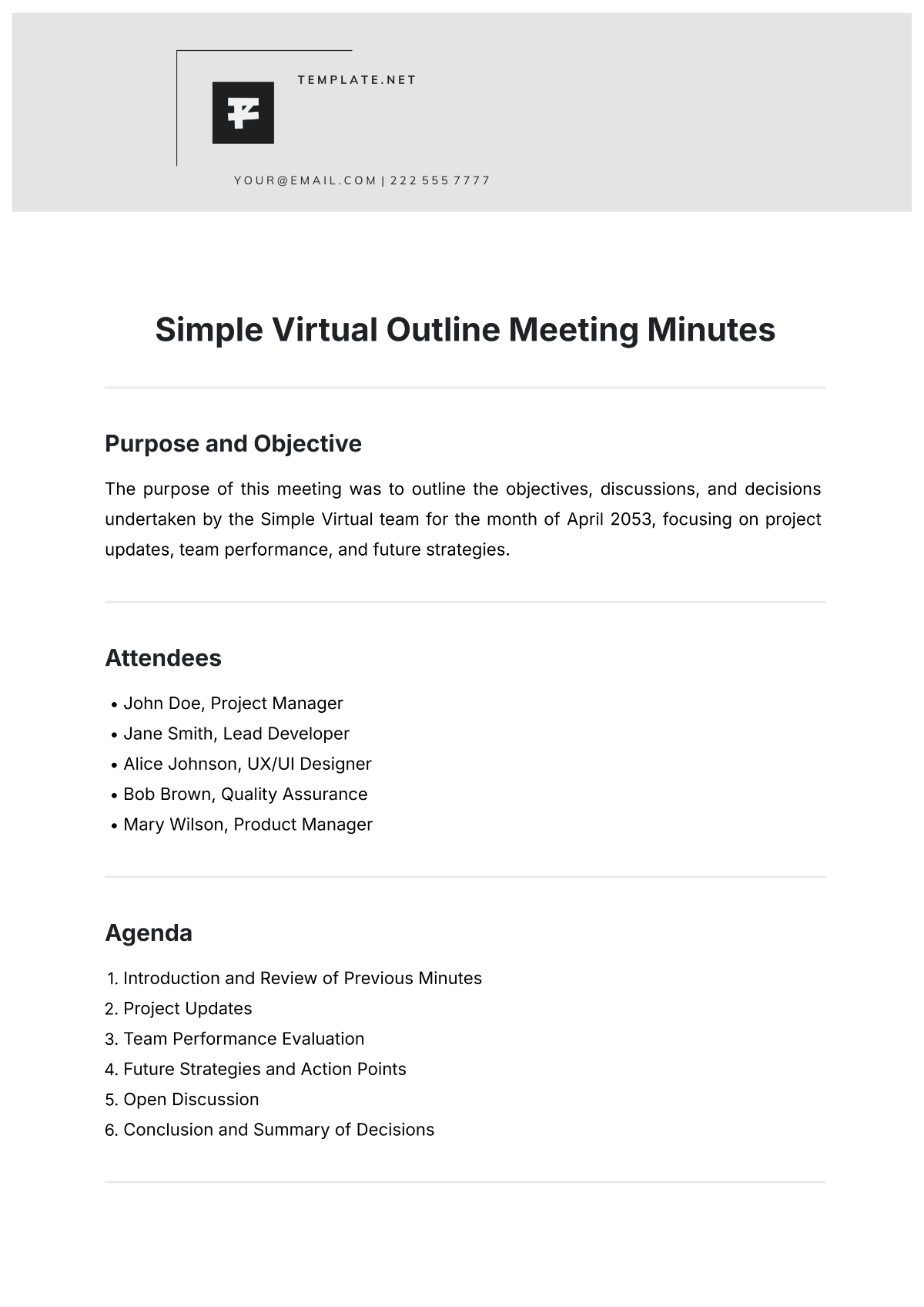 Simple Virtual Outline Meeting Minutes Template - Edit Online & Download