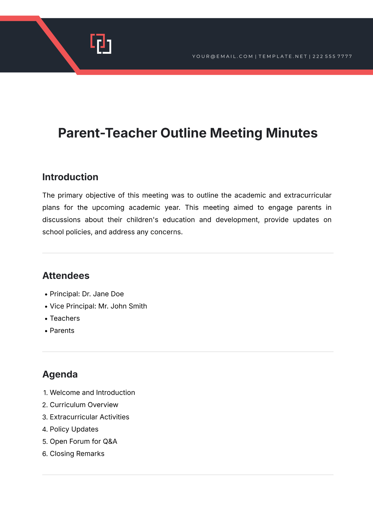 Parent-Teacher Outline Meeting Minutes Template - Edit Online & Download