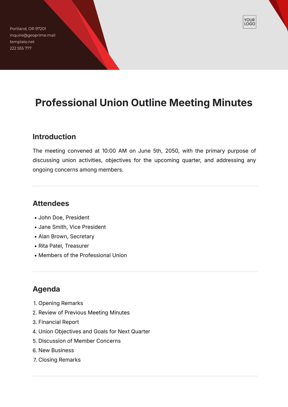 Professional Union Outline Meeting Minutes Template - Edit Online & Download