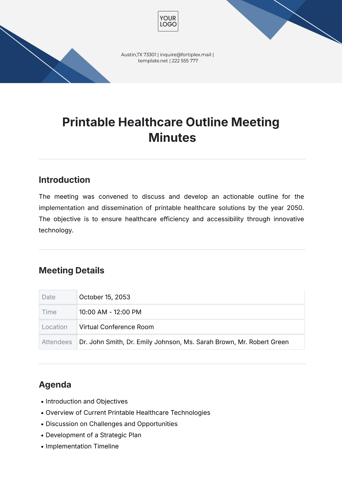 Printable Healthcare Outline Meeting Minutes Template - Edit Online & Download