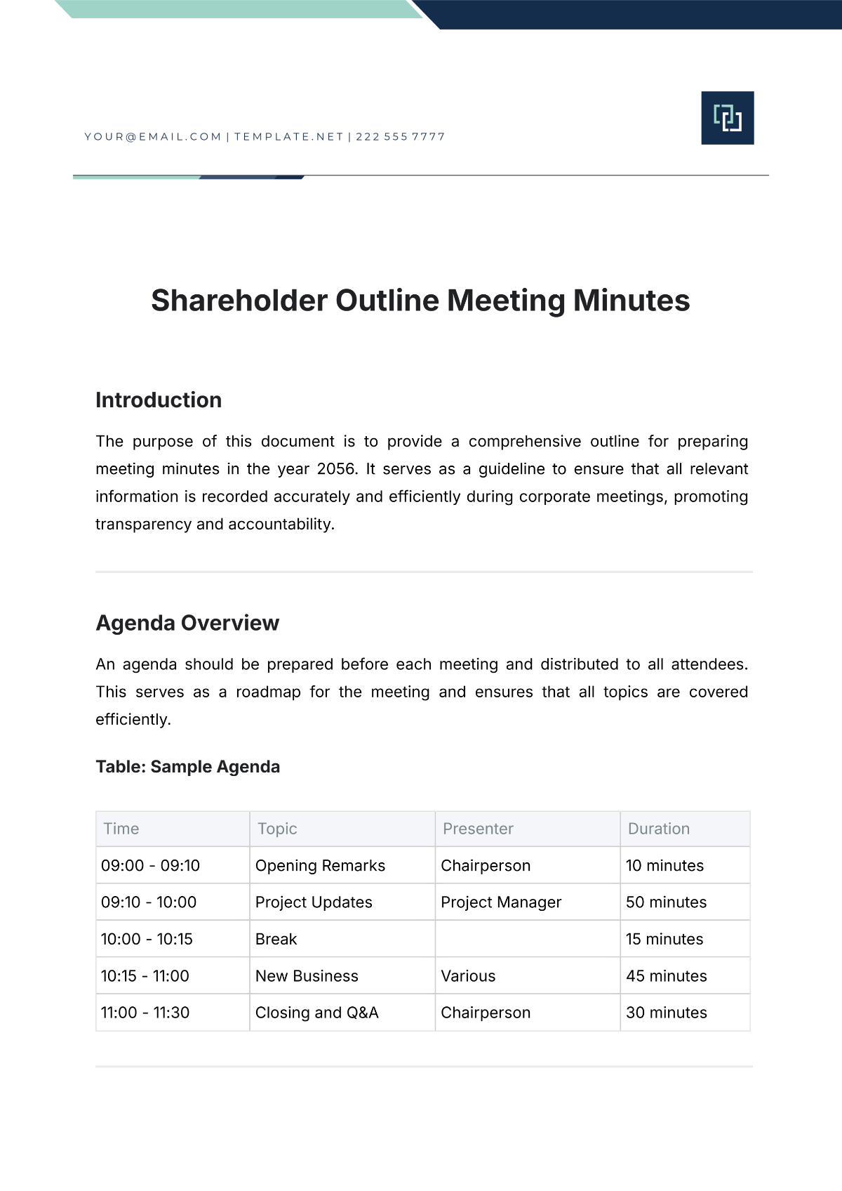 Shareholder Outline Meeting Minutes Template