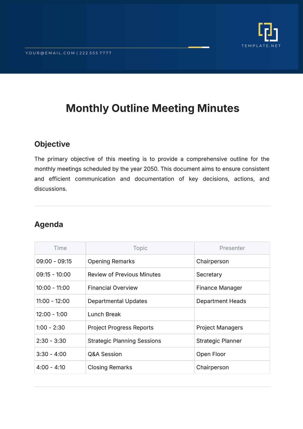 Monthly Outline Meeting Minutes Template - Edit Online & Download