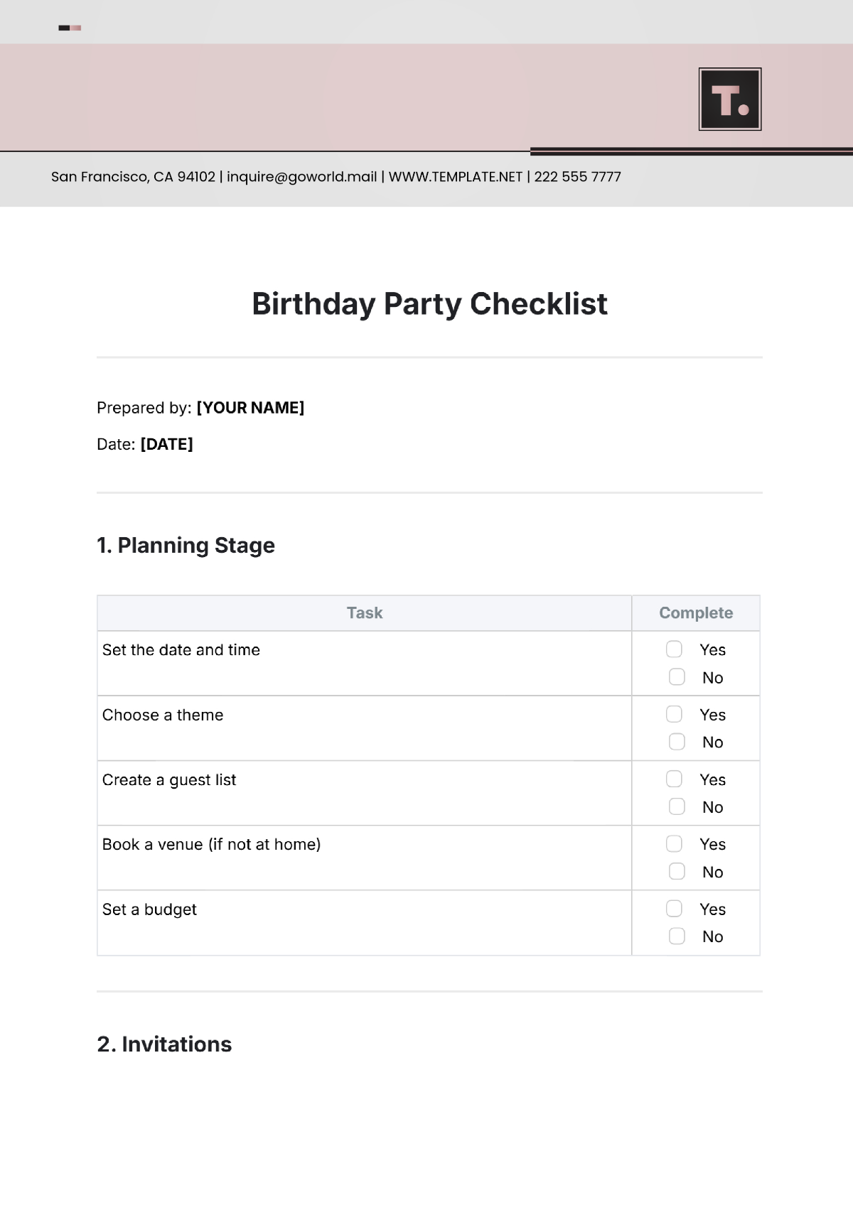 Birthday Party Checklist Template