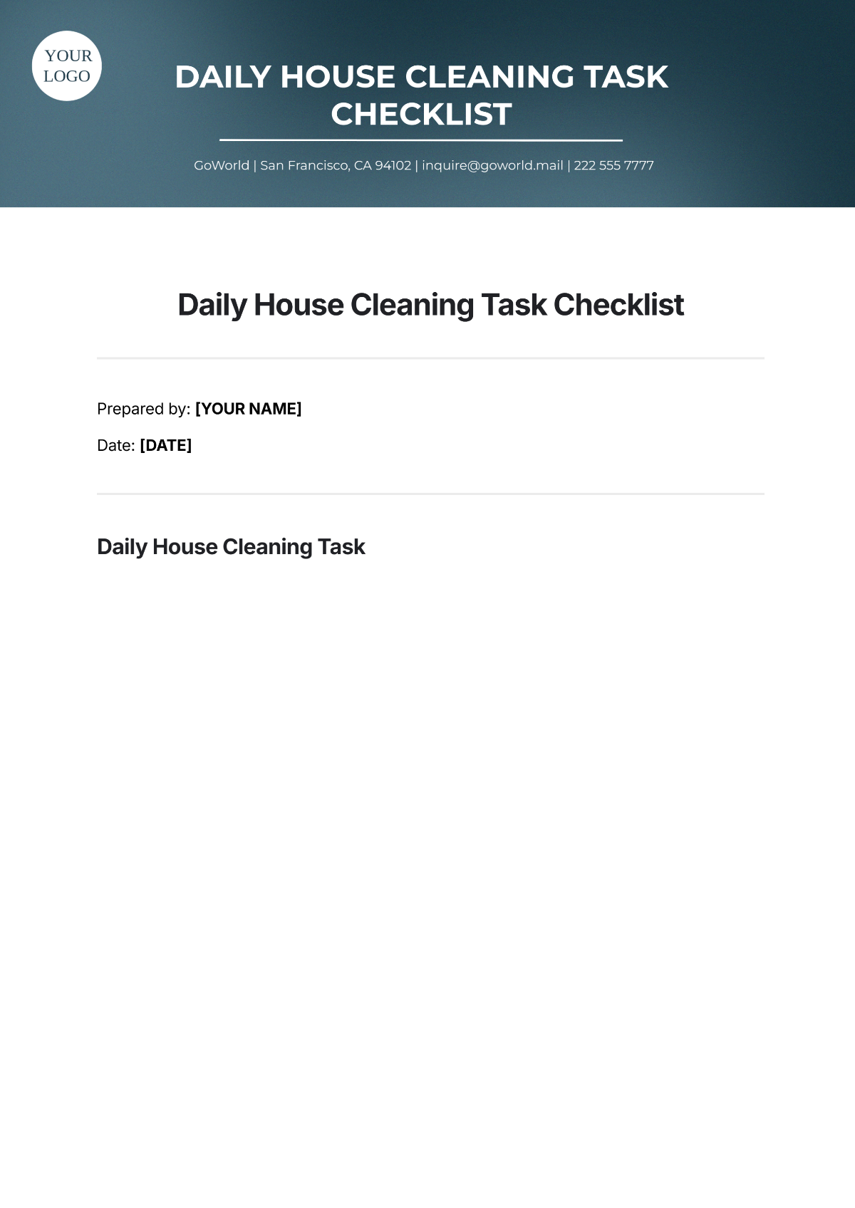 Daily House Cleaning Task Checklist Template