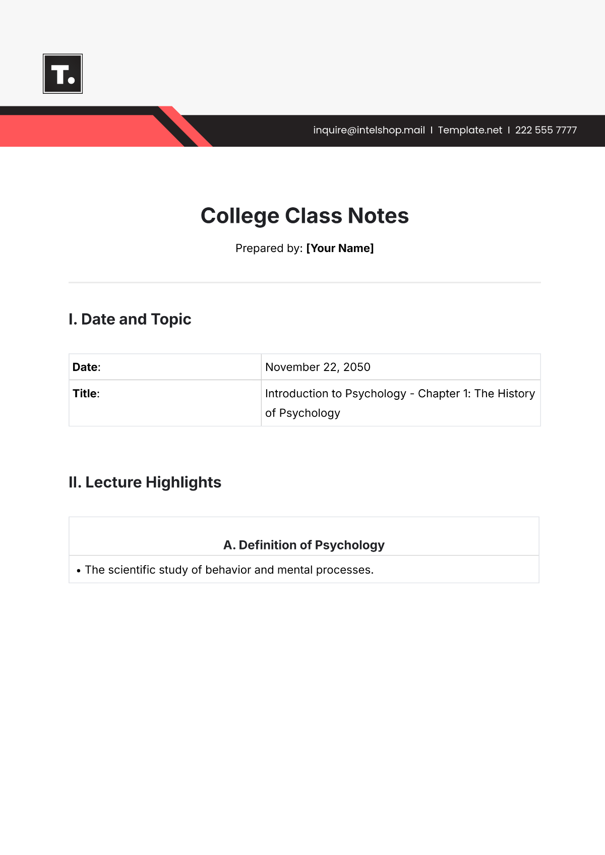 College Class Notes Template