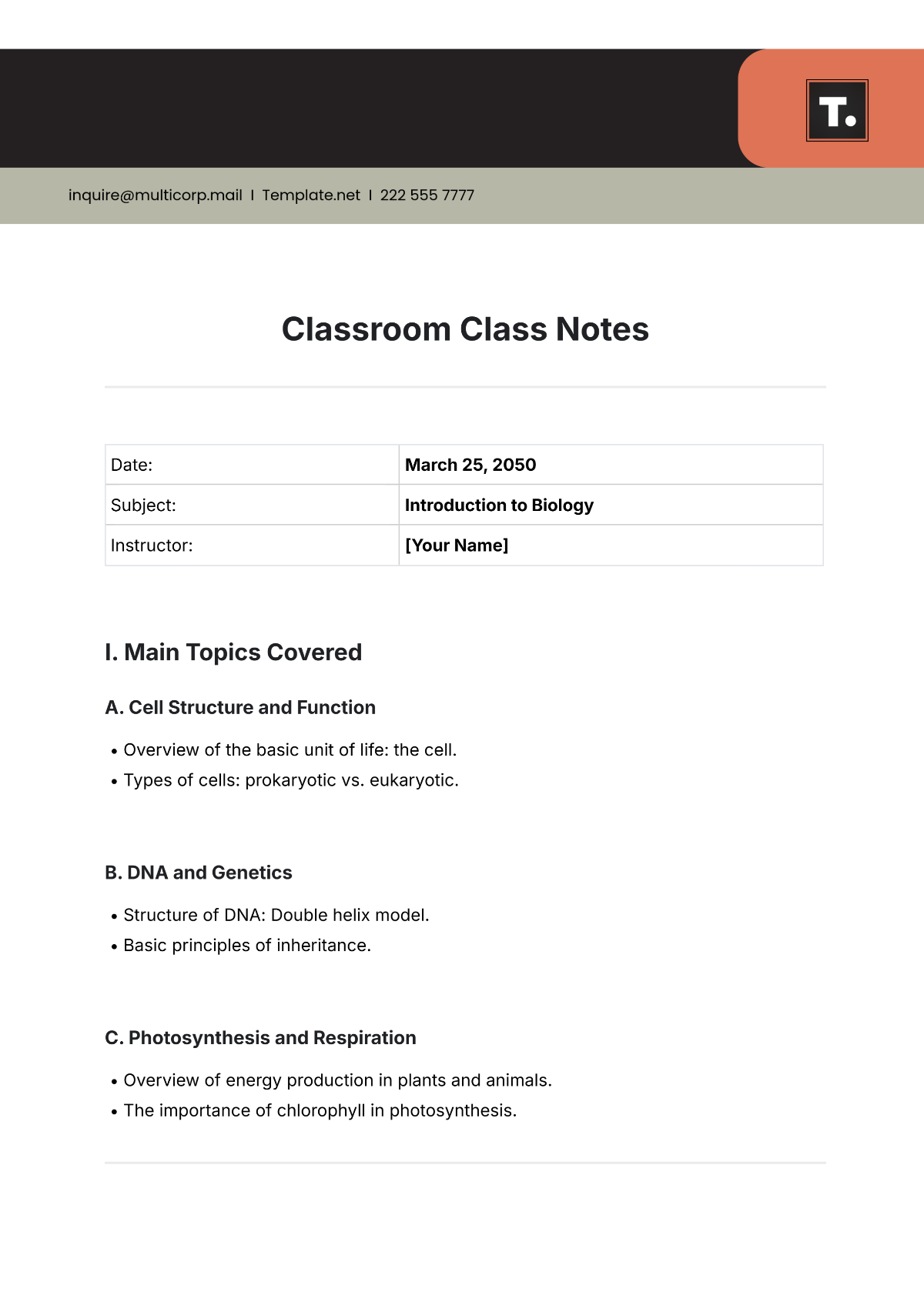 Classroom Class Notes Template