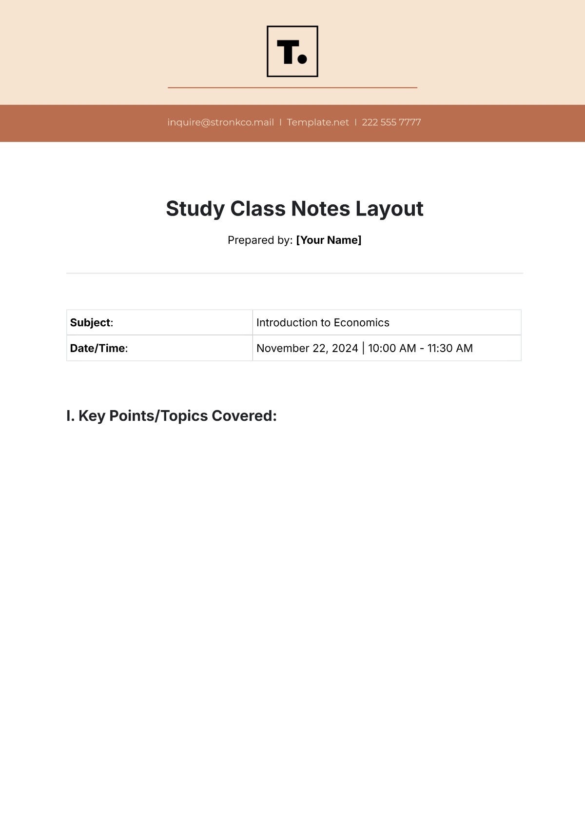 Study Class Notes Layout Template