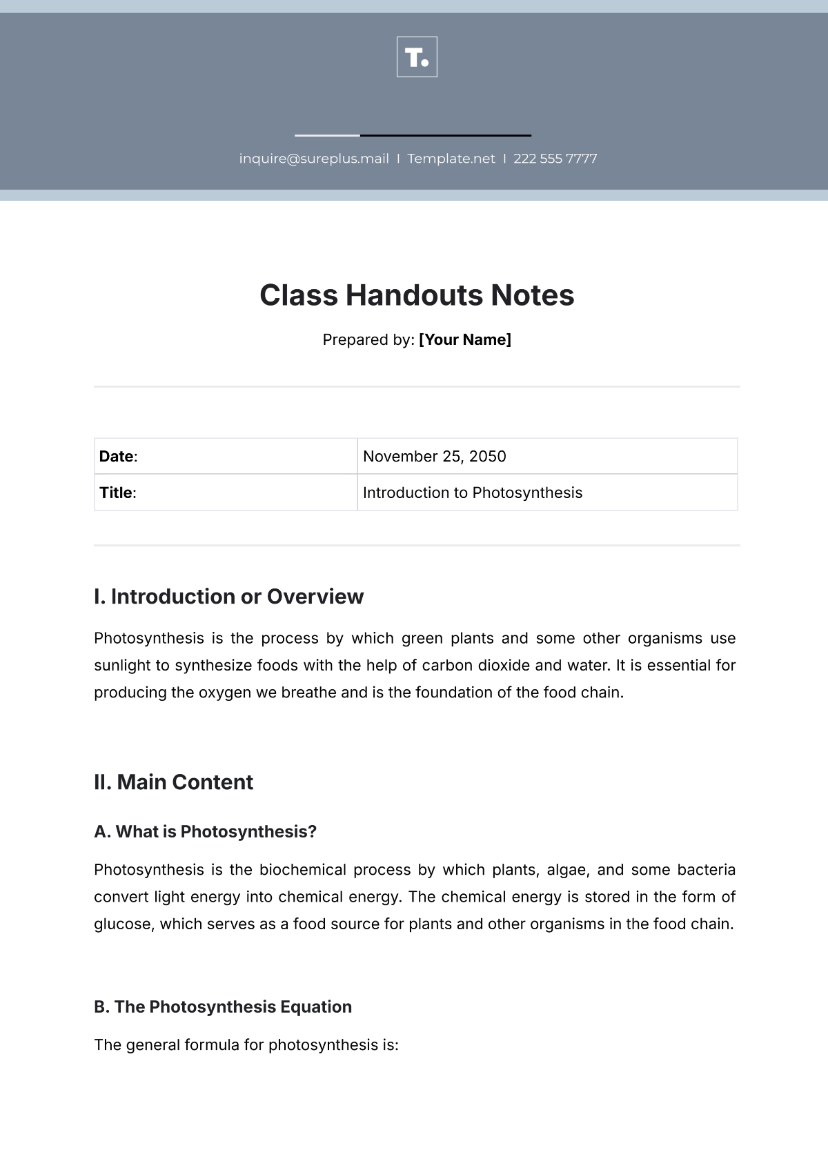 Class Handouts Notes Template