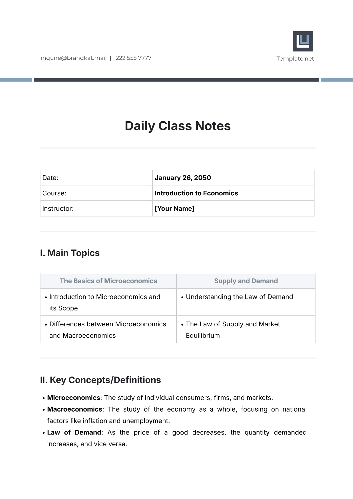 Daily Class Notes Template