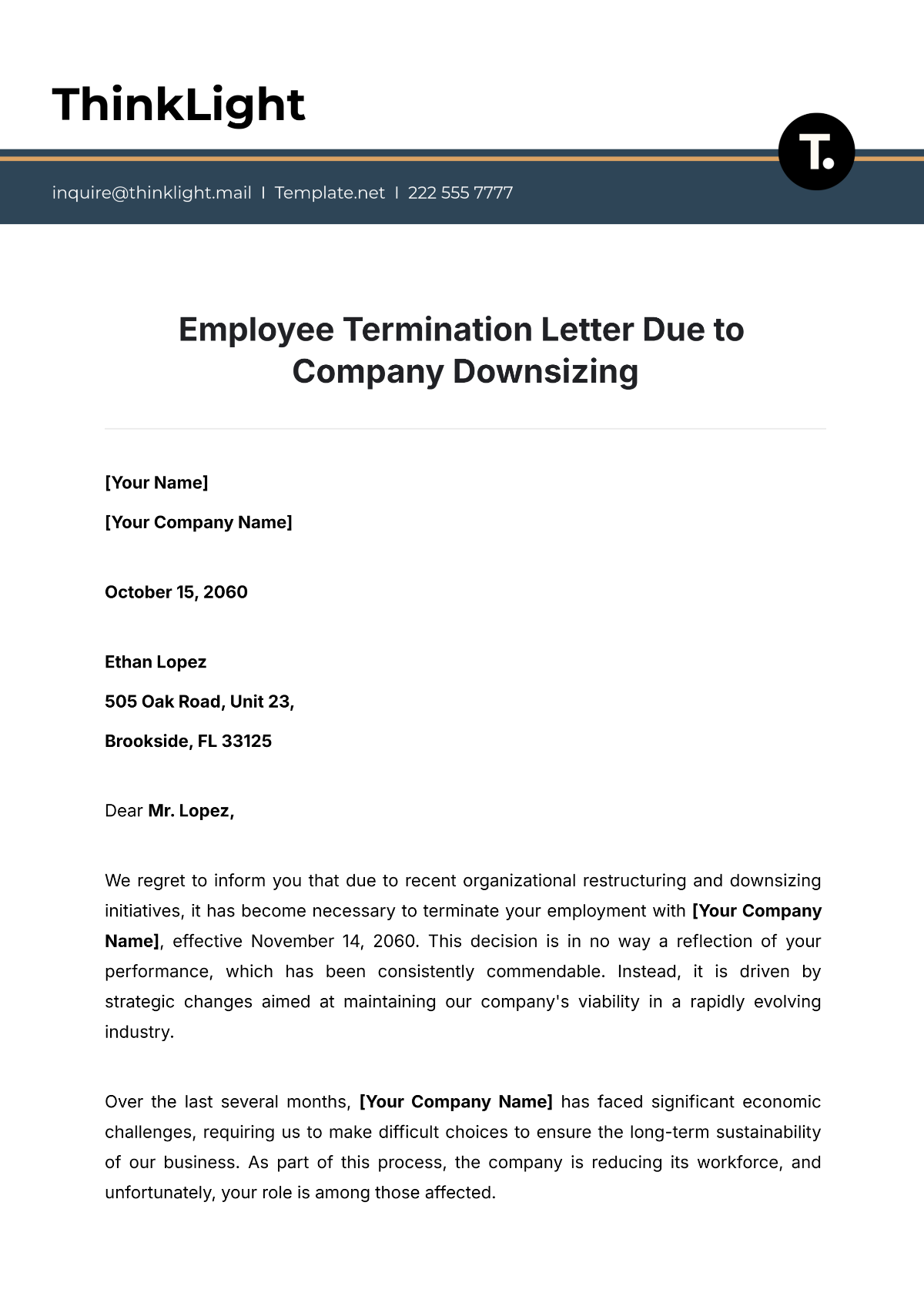 Company Downsizing Termination Letter