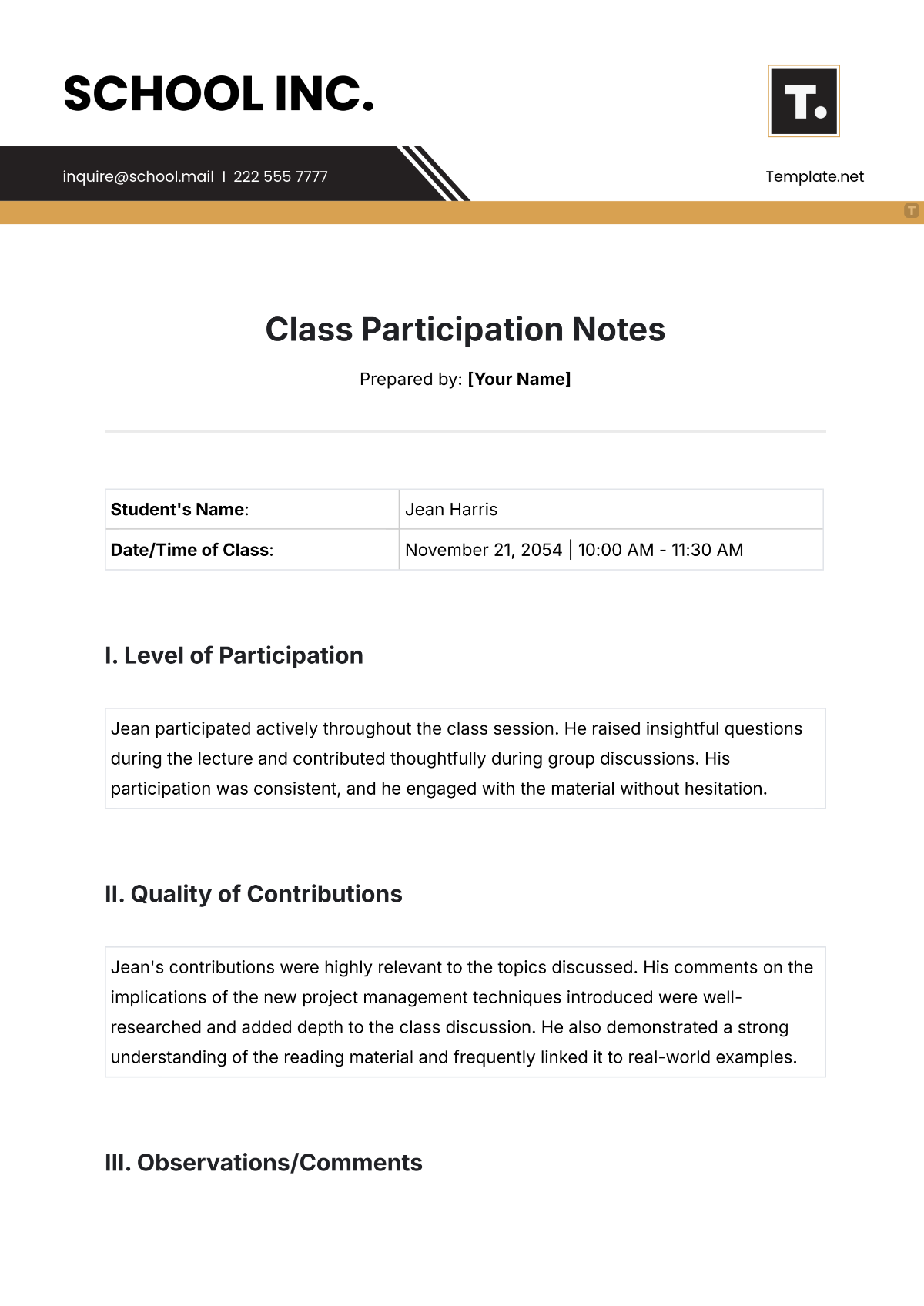 Class Participation Notes Template