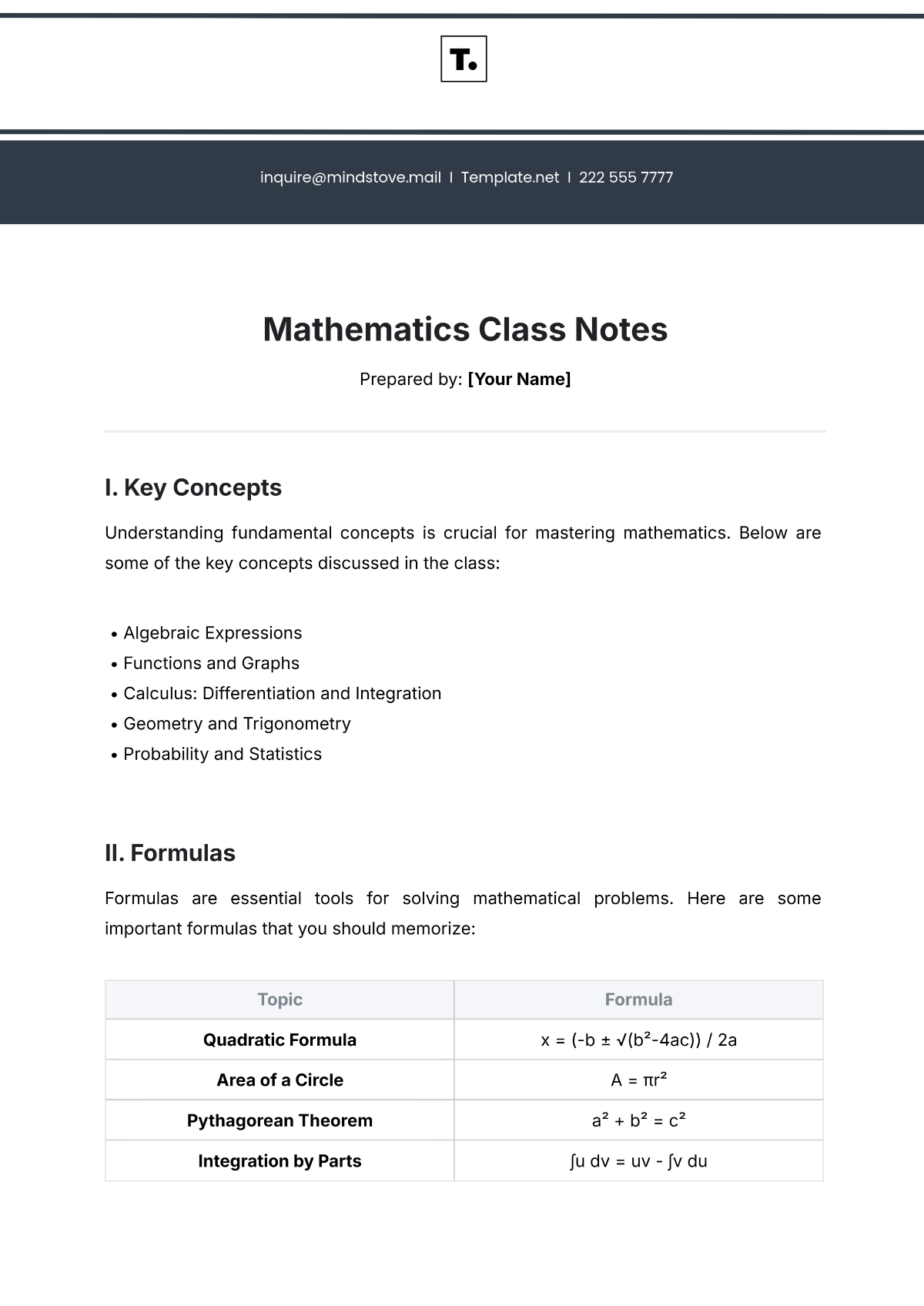 Mathematics Class Notes Template