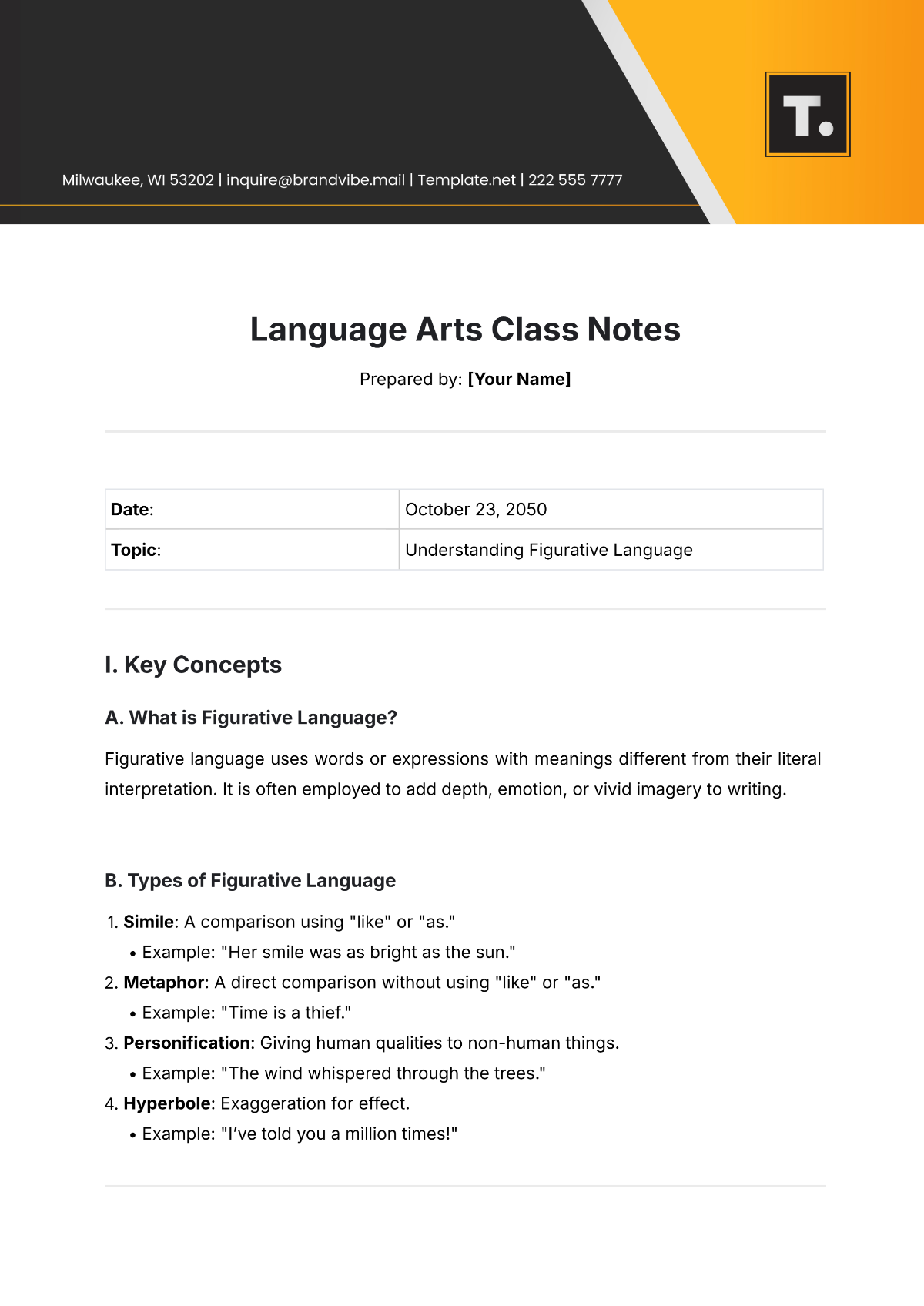 Language Arts Class Notes Template - Edit Online & Download