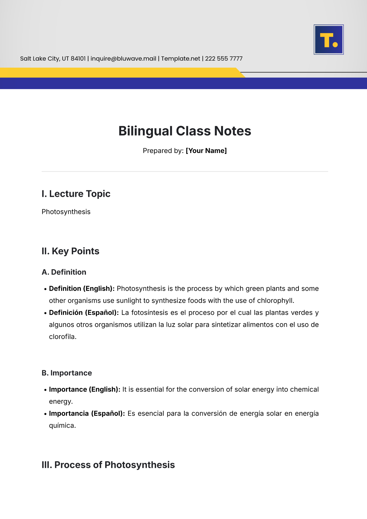 Bilingual Class Notes Template - Edit Online & Download