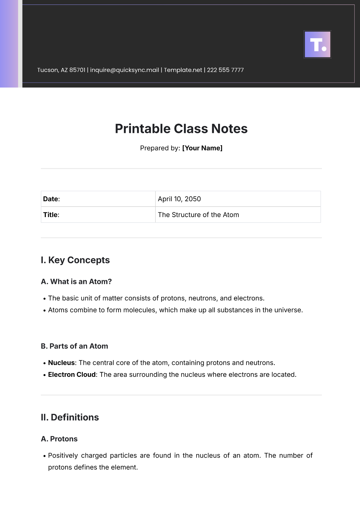 Printable Class Notes Template