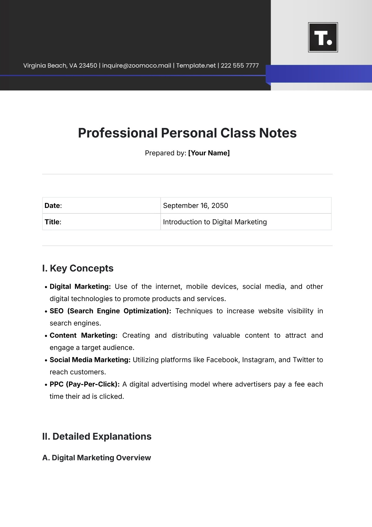 Professional Personal Class Notes Template