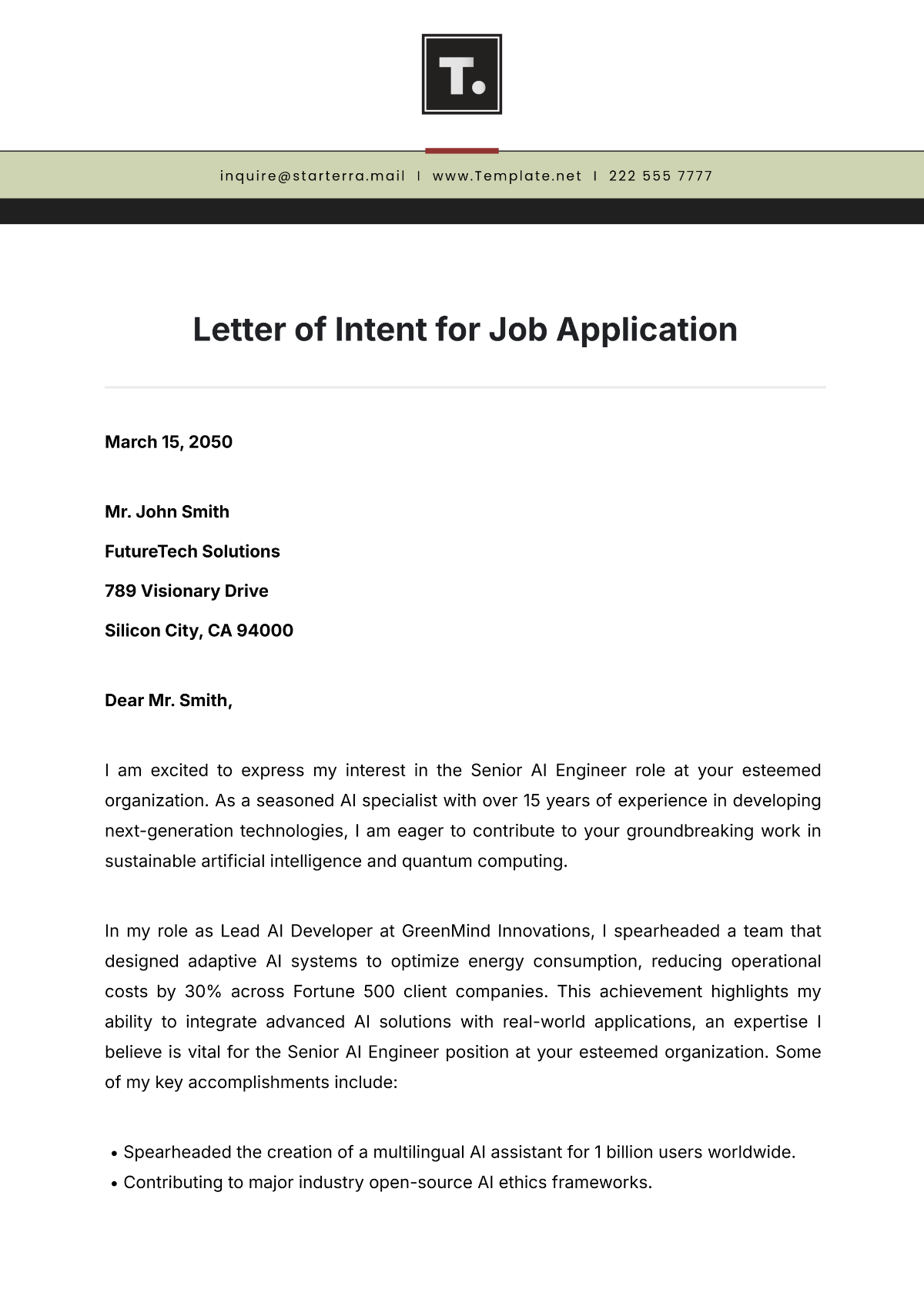 Letter of Intent for Job Application Template - Edit Online & Download