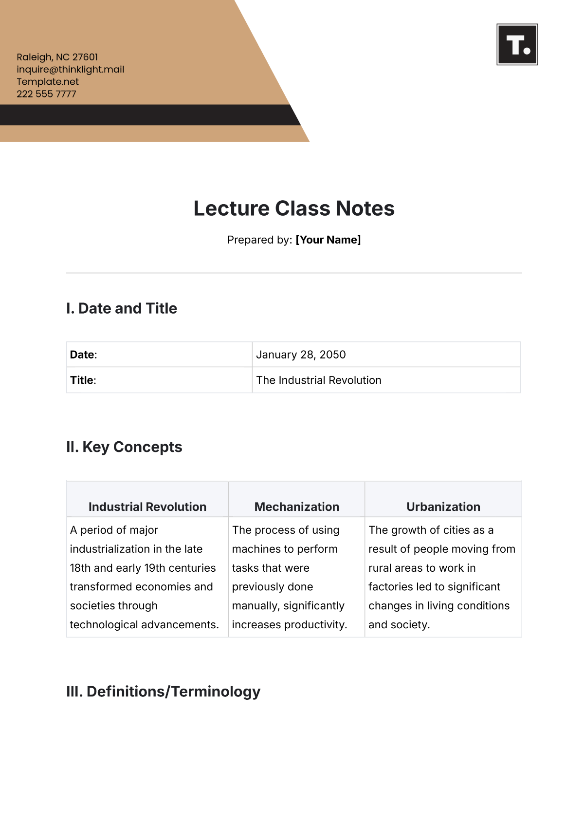 Lecture Class Notes Template