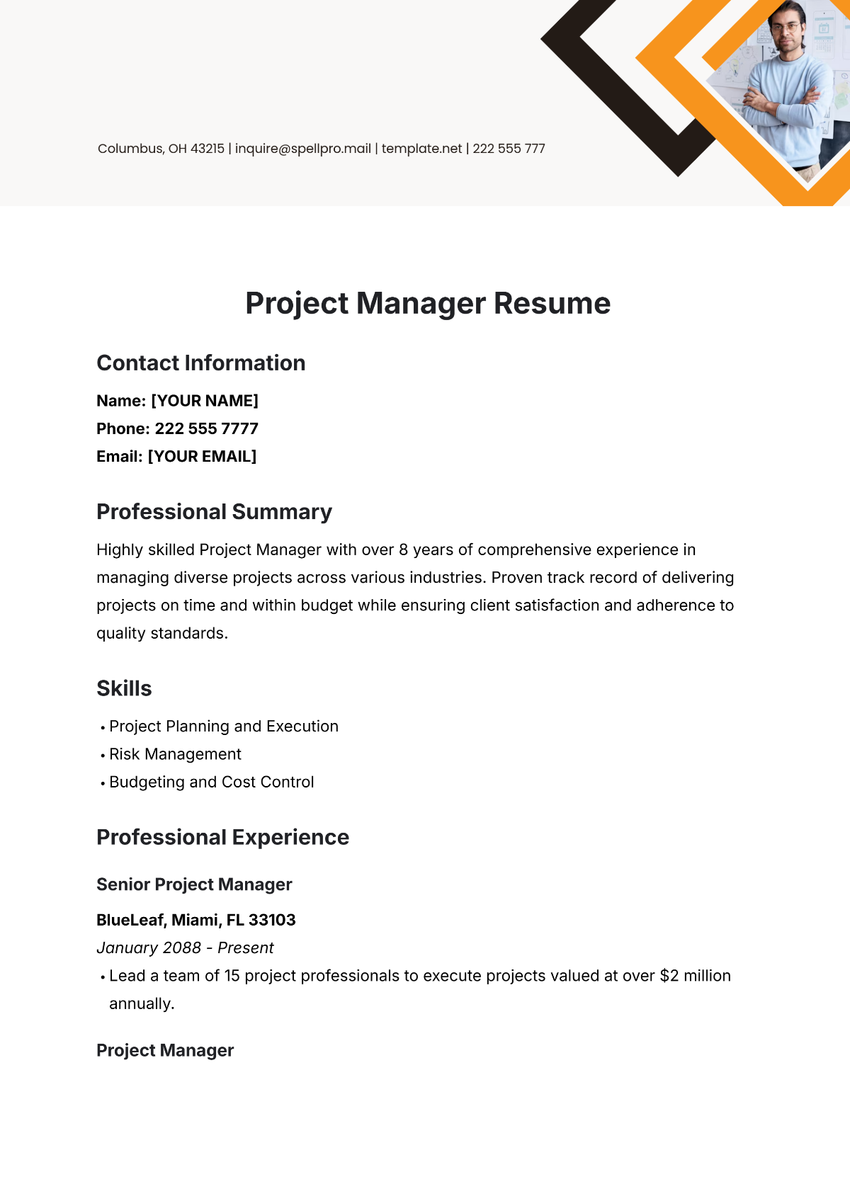 Project Manager Resume Template - Edit Online & Download