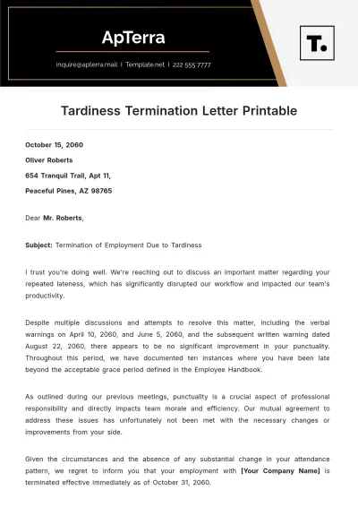 Free Tardiness Termination Letter Printable Template to Edit Online