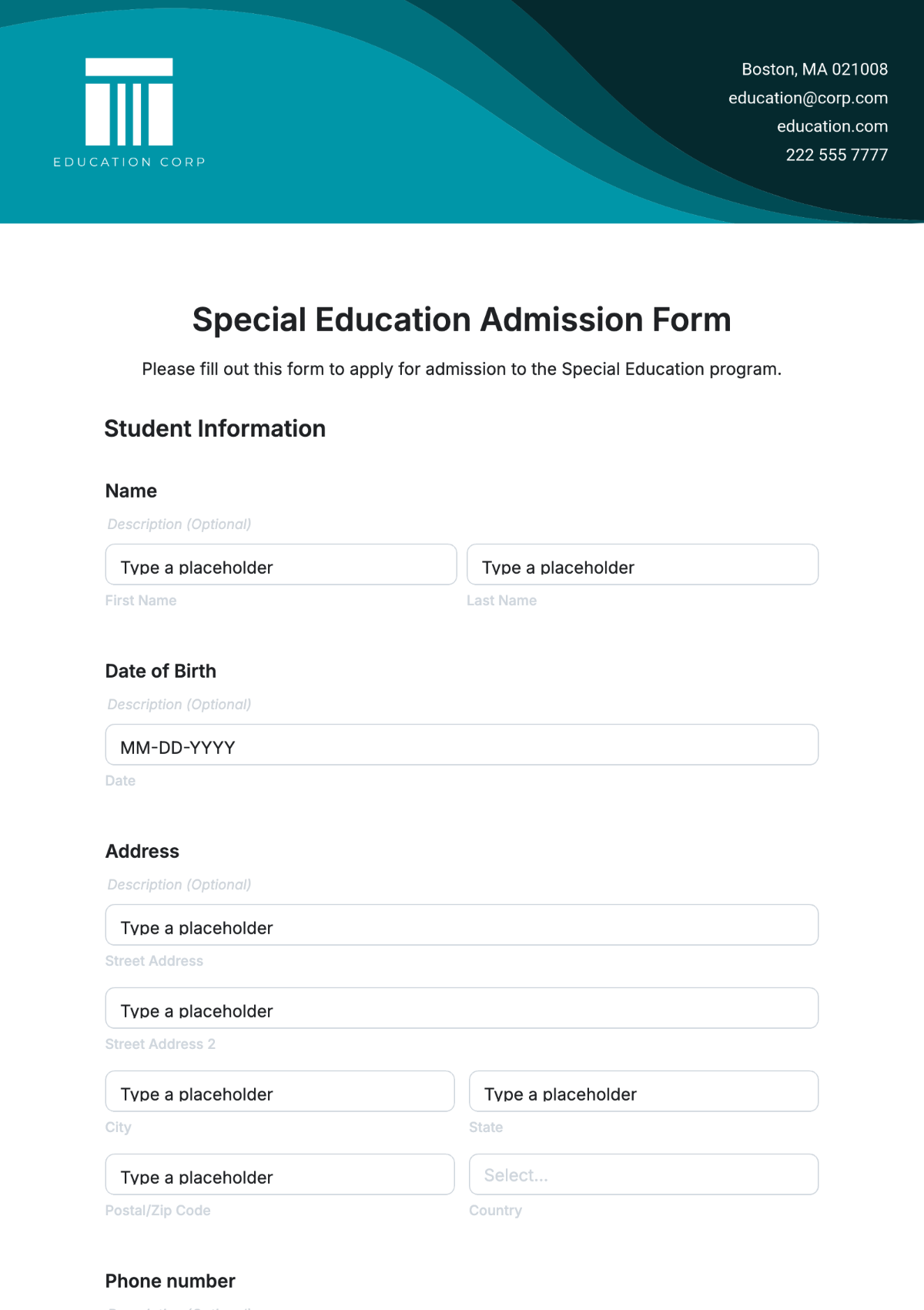 Special Education Admission Form Template