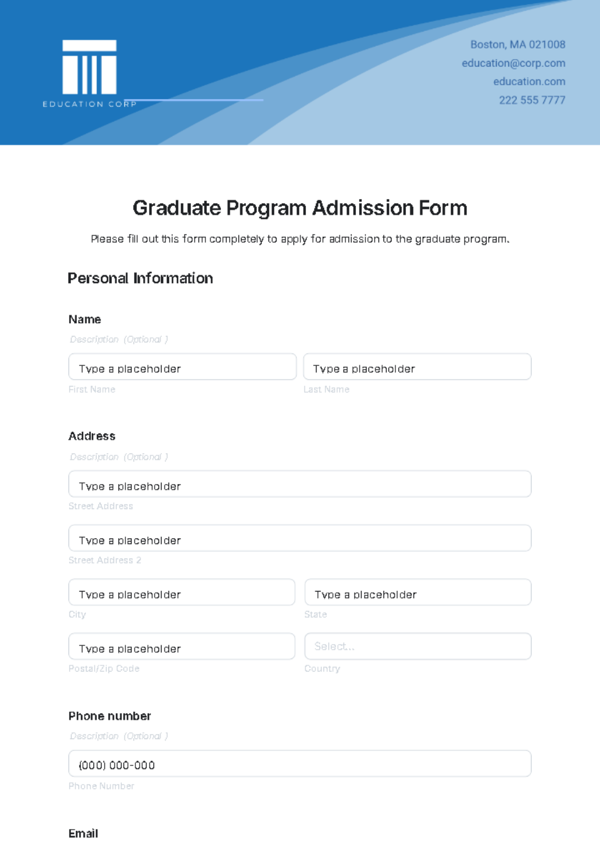 Graduate Program Admission Form Template