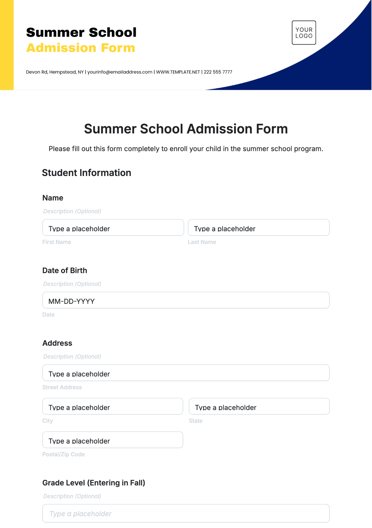 Summer School Admission Form Template