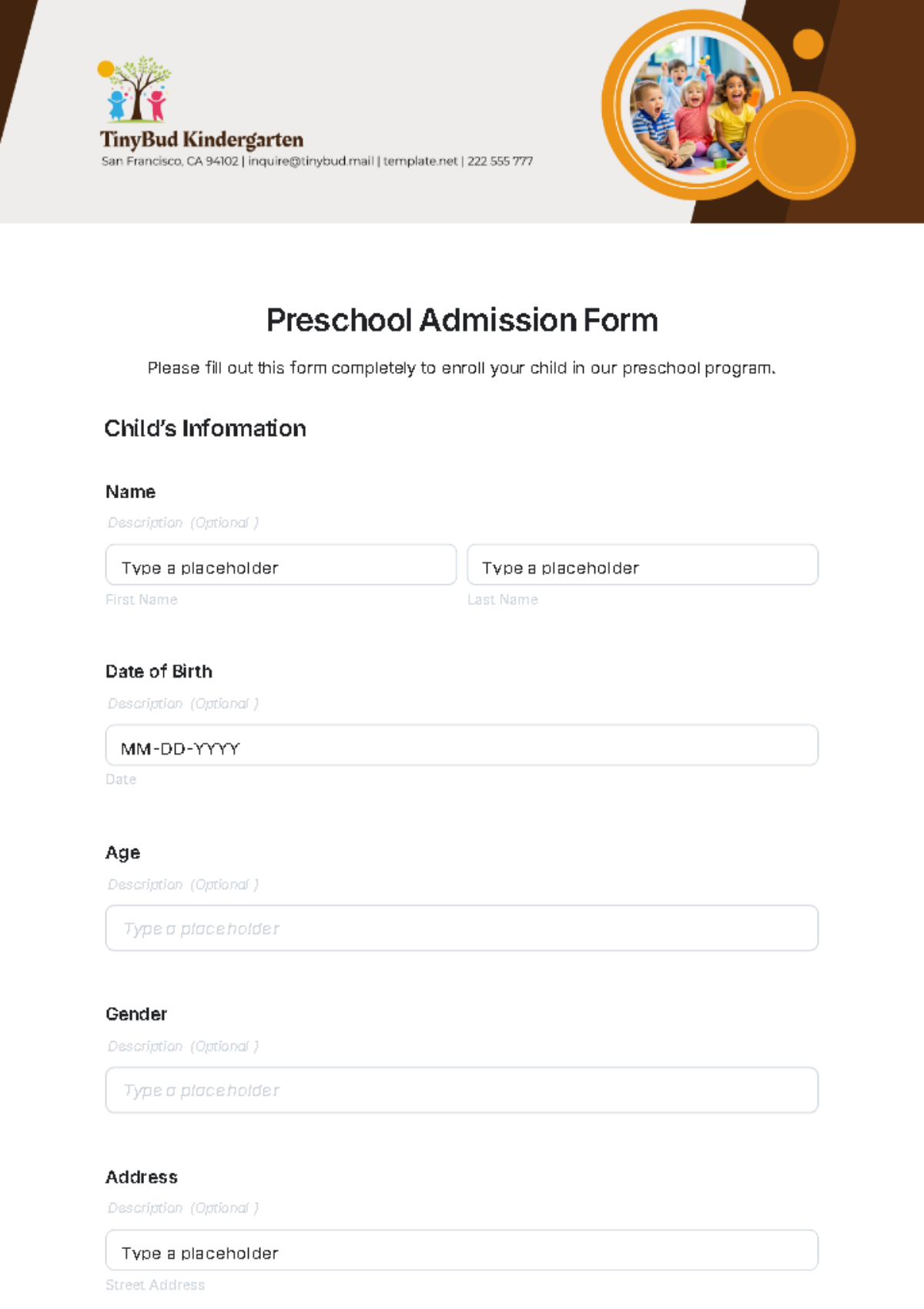 Preschool Admission Form Template