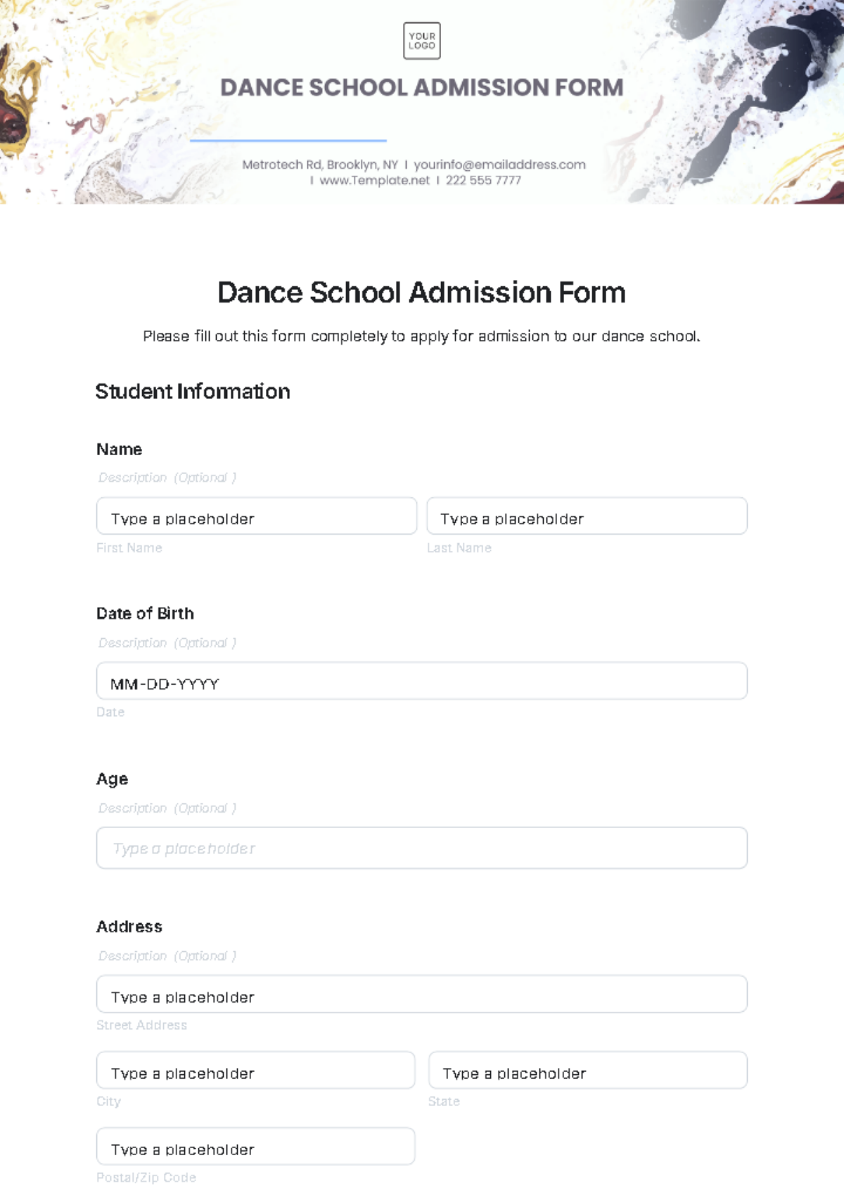 Dance School Admission Form Template