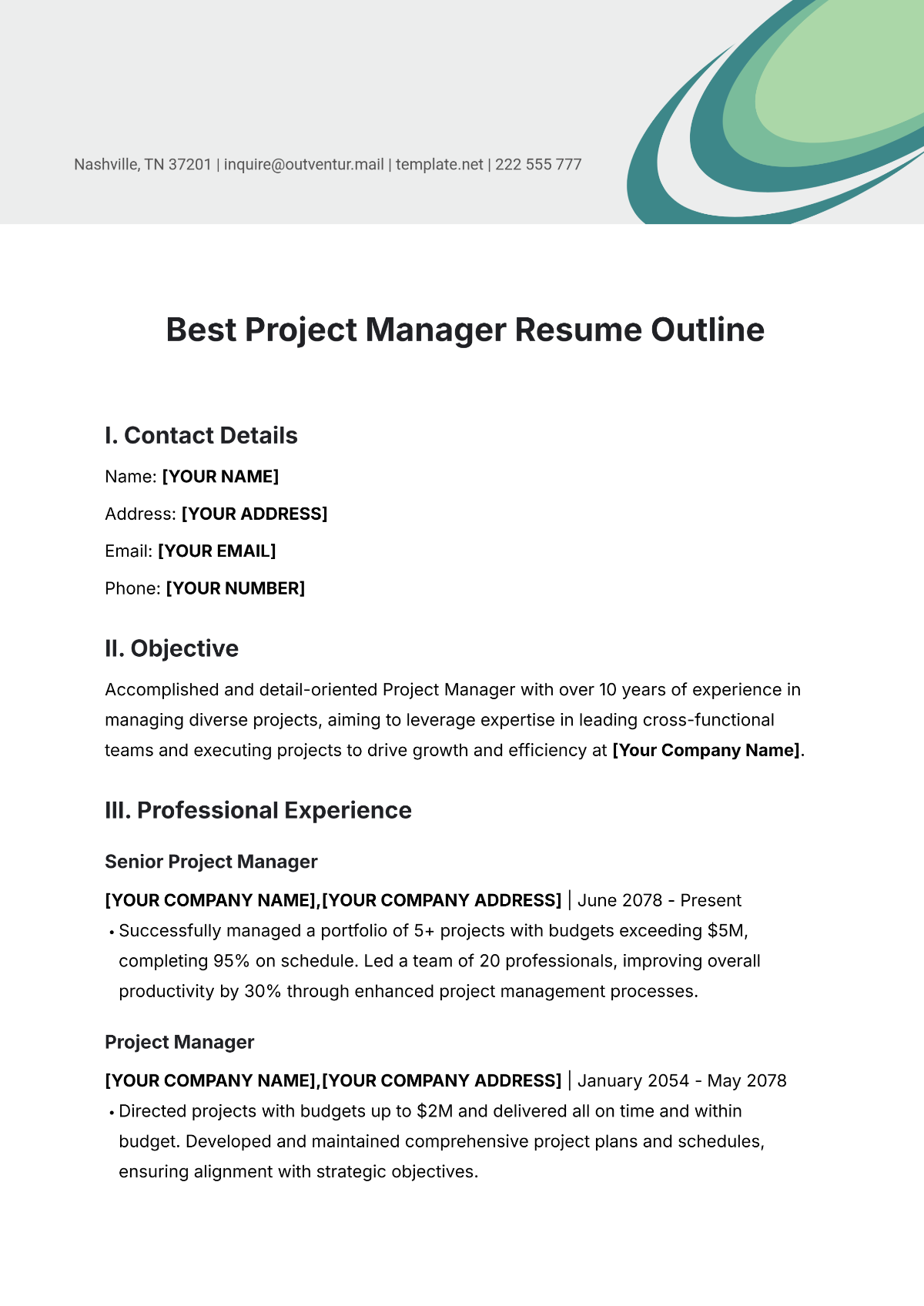 Best Project Manager Resume Outline Template