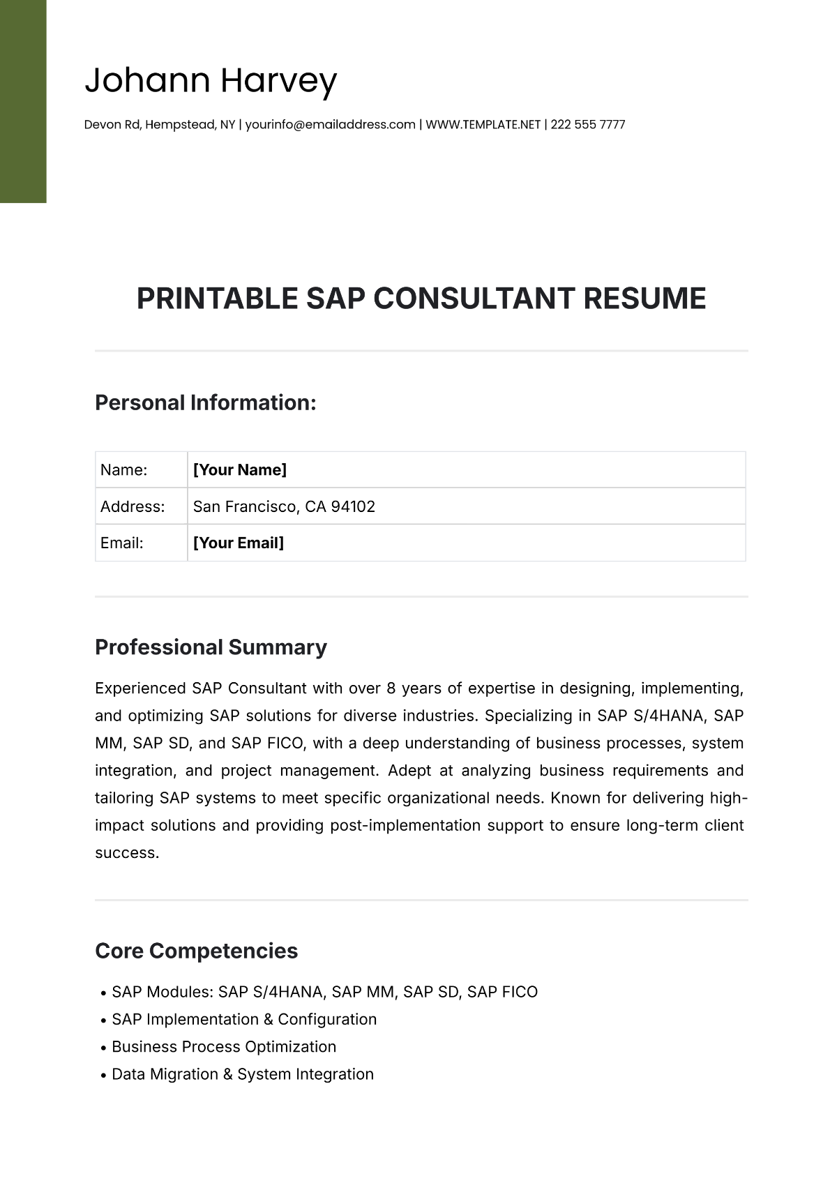 Printable SAP Consultant Resume Template - Edit Online & Download