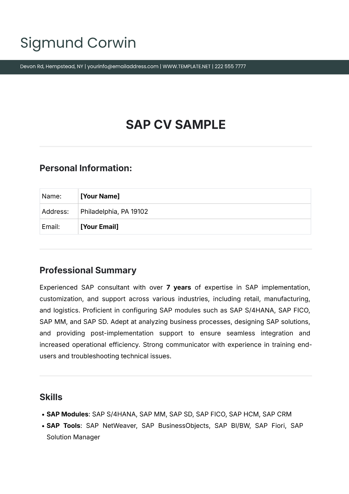 SAP CV Sample Template - Edit Online & Download