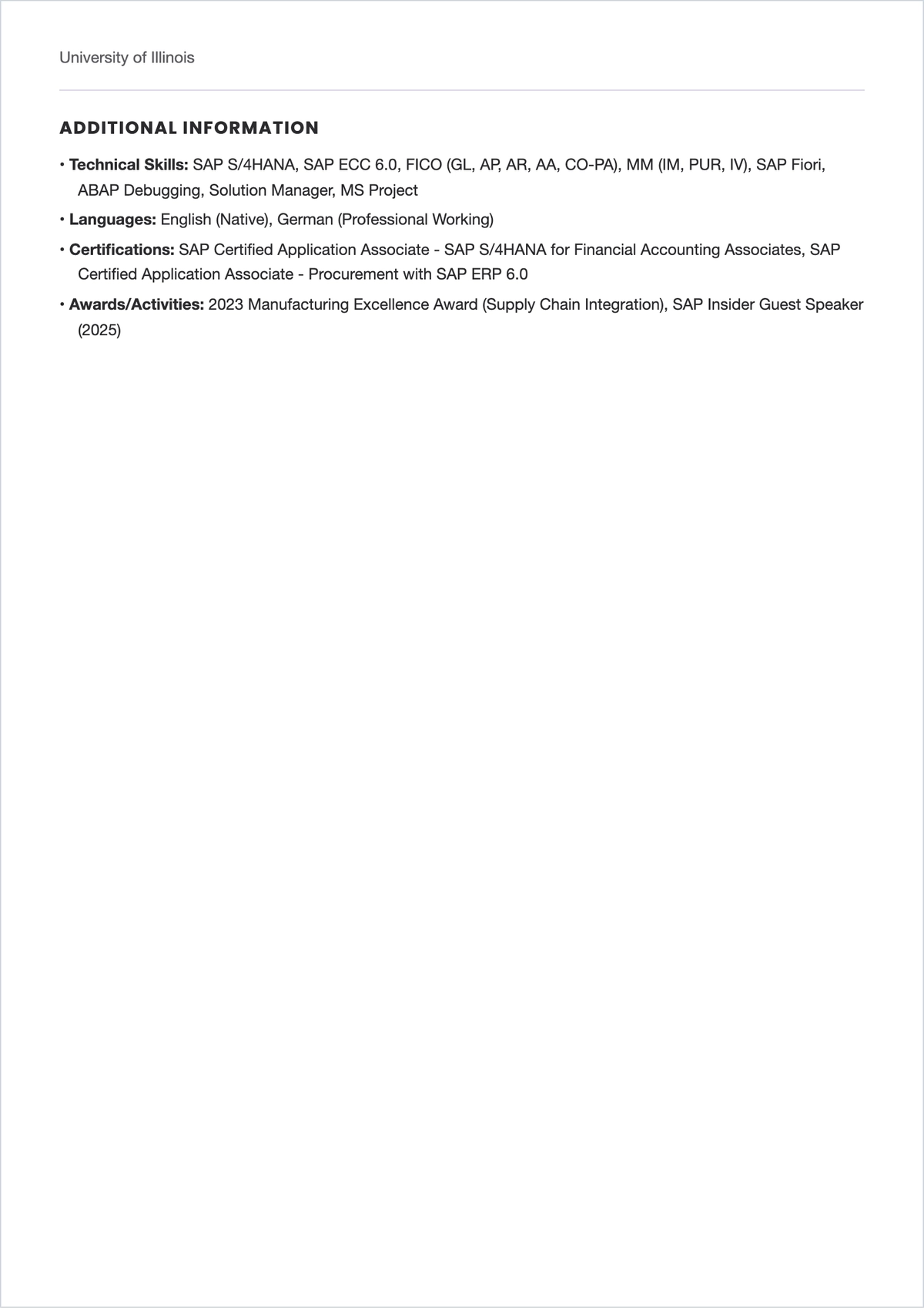 Free SAP Functional Consultant ATS Resume Template, AI Resume Builder