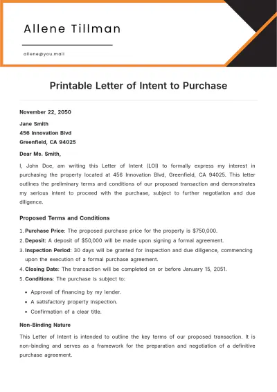 Free Printable Letter of Intent to Purchase Template to Edit Online