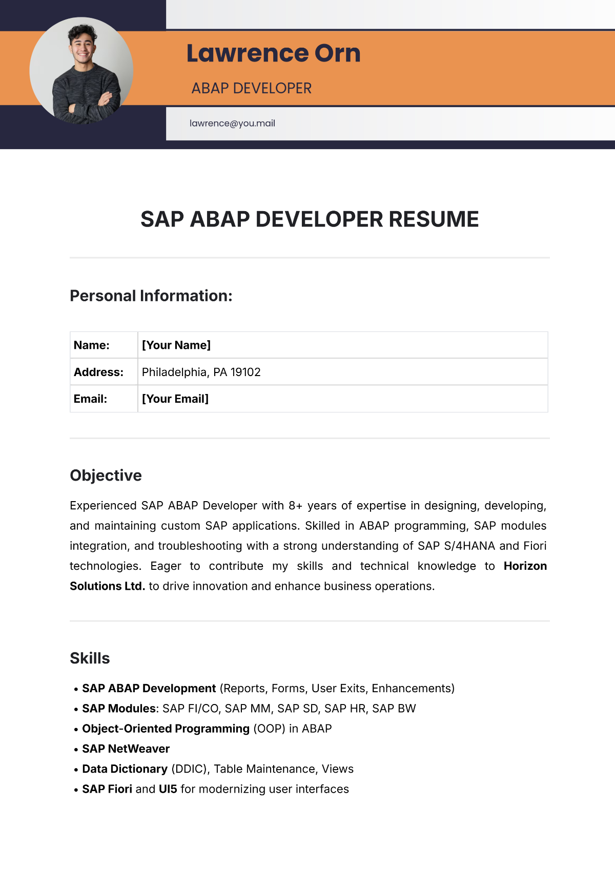 SAP ABAP Developer Resume Template - Edit Online & Download