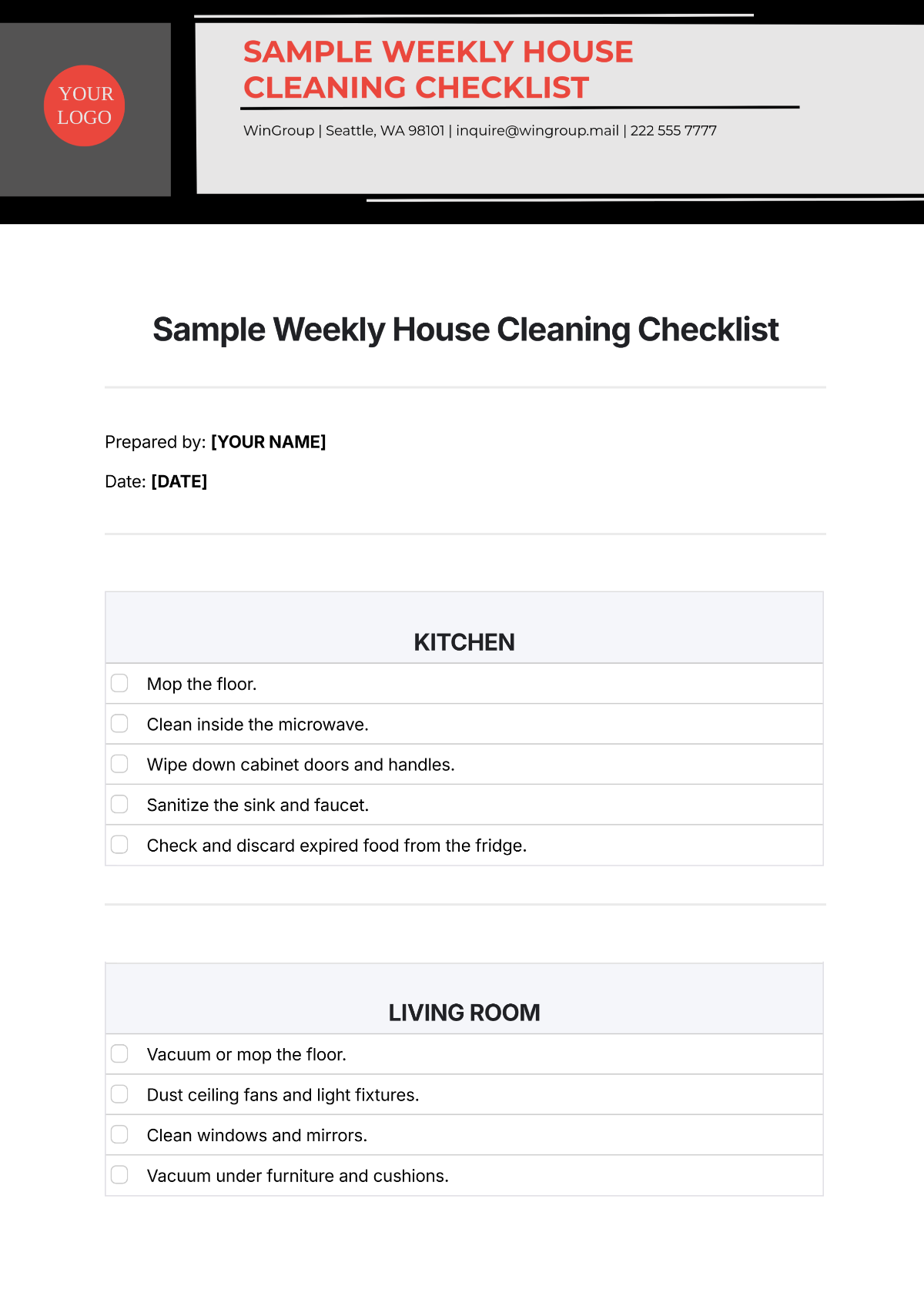 Sample Weekly House Cleaning Checklist Template - Edit Online & Download