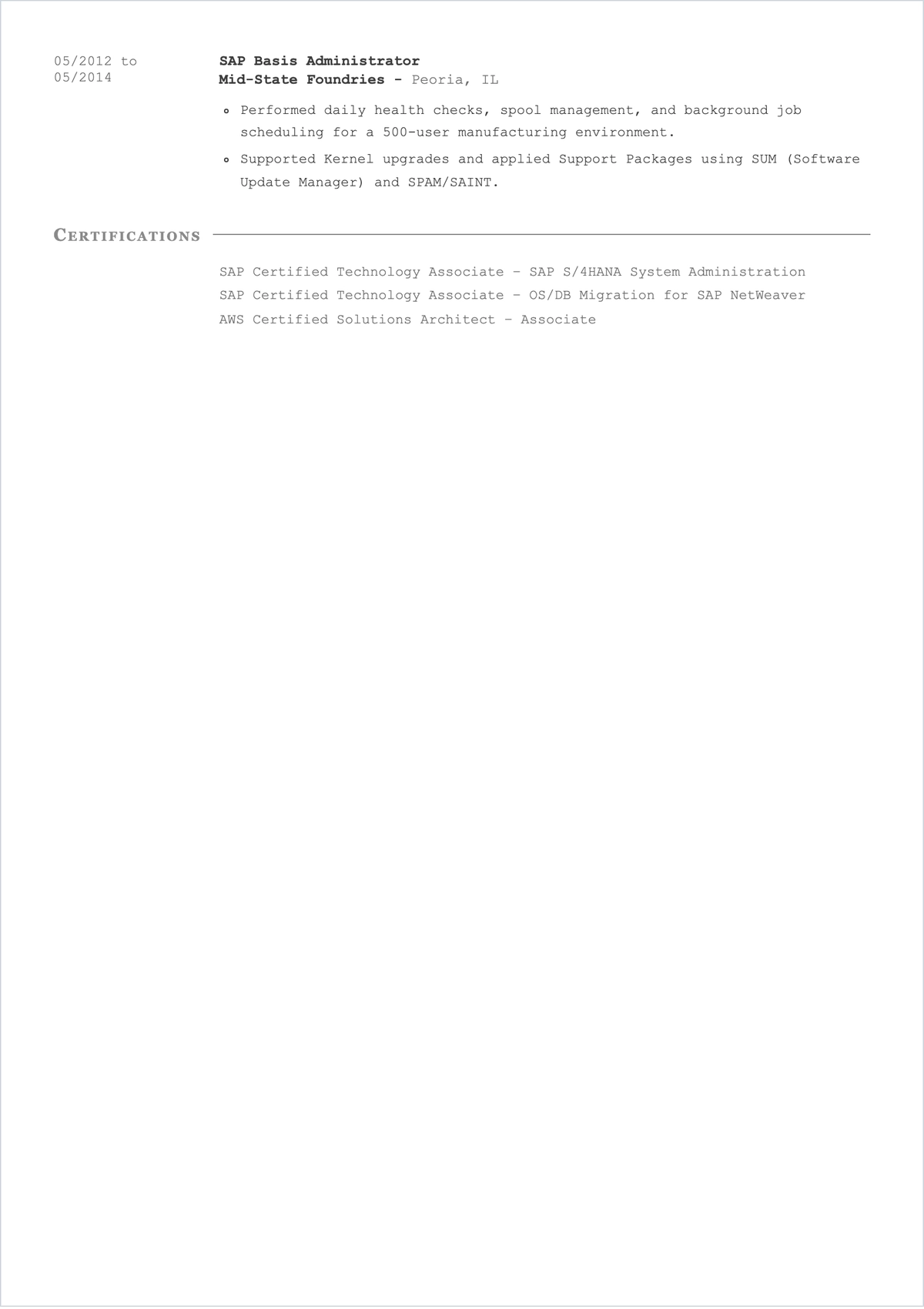 Free SAP Basis Administrator ATS Resume Template, AI Resume Builder