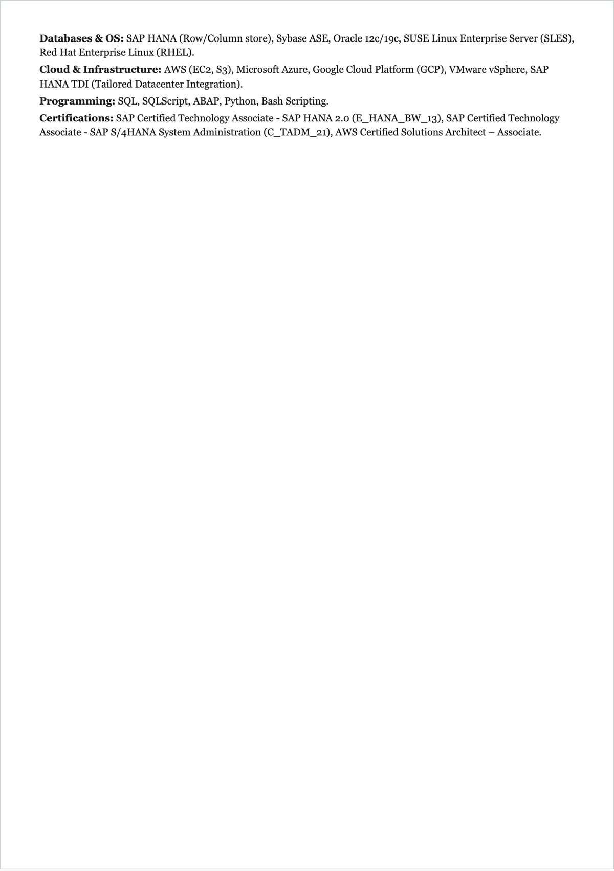 Free SAP HANA ATS Resume Template, AI Resume Builder