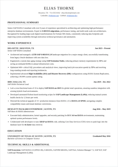 Free SAP HANA ATS Resume Template, AI Resume Builder