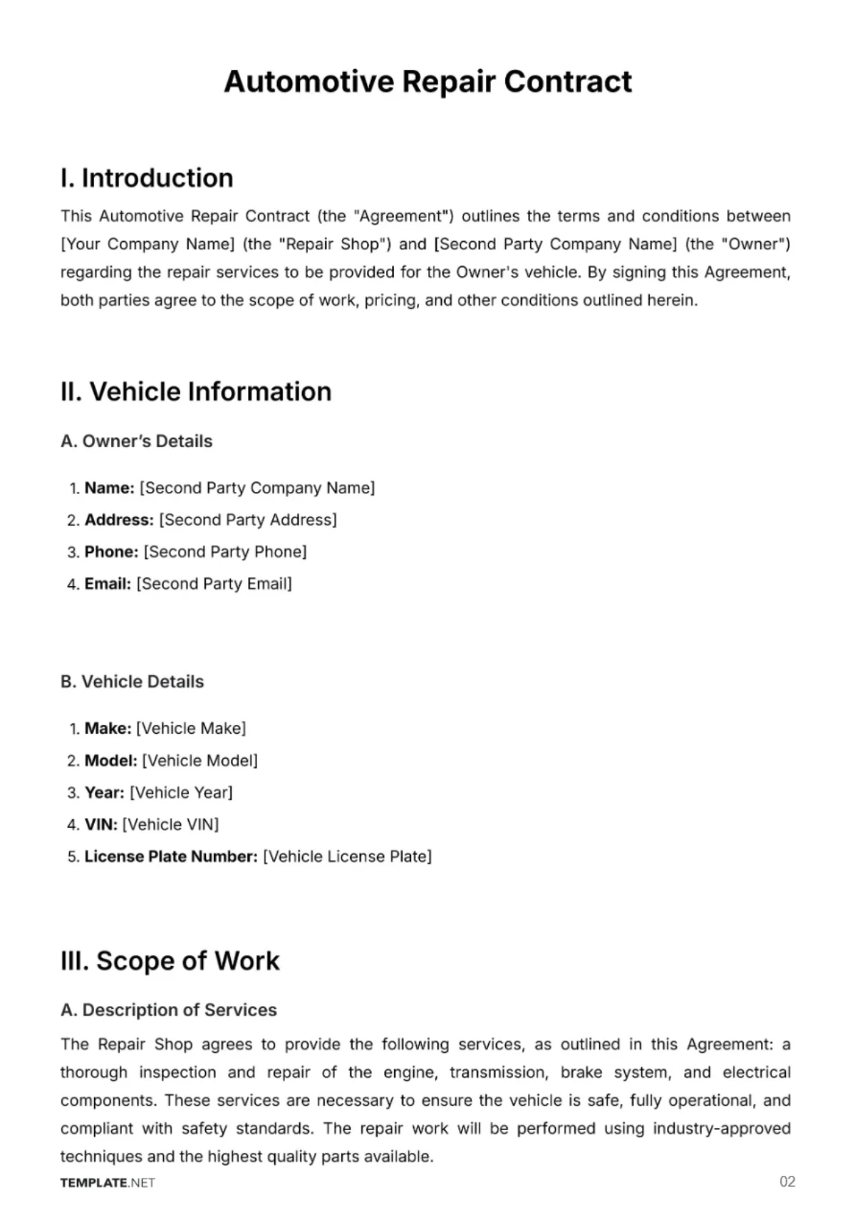 Free Automotive Repair Contract Template to Edit Online