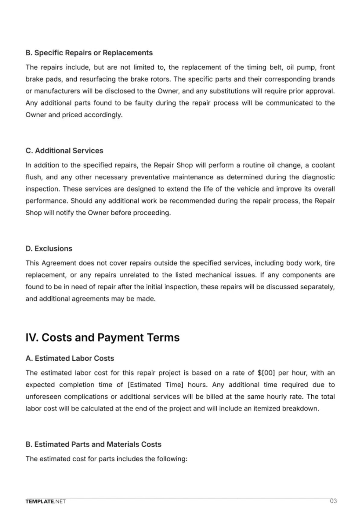 Free Automotive Repair Contract Template to Edit Online