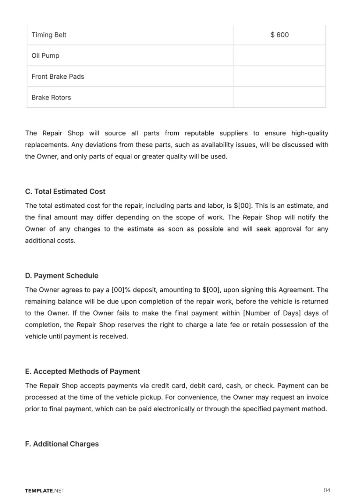 Free Automotive Repair Contract Template to Edit Online