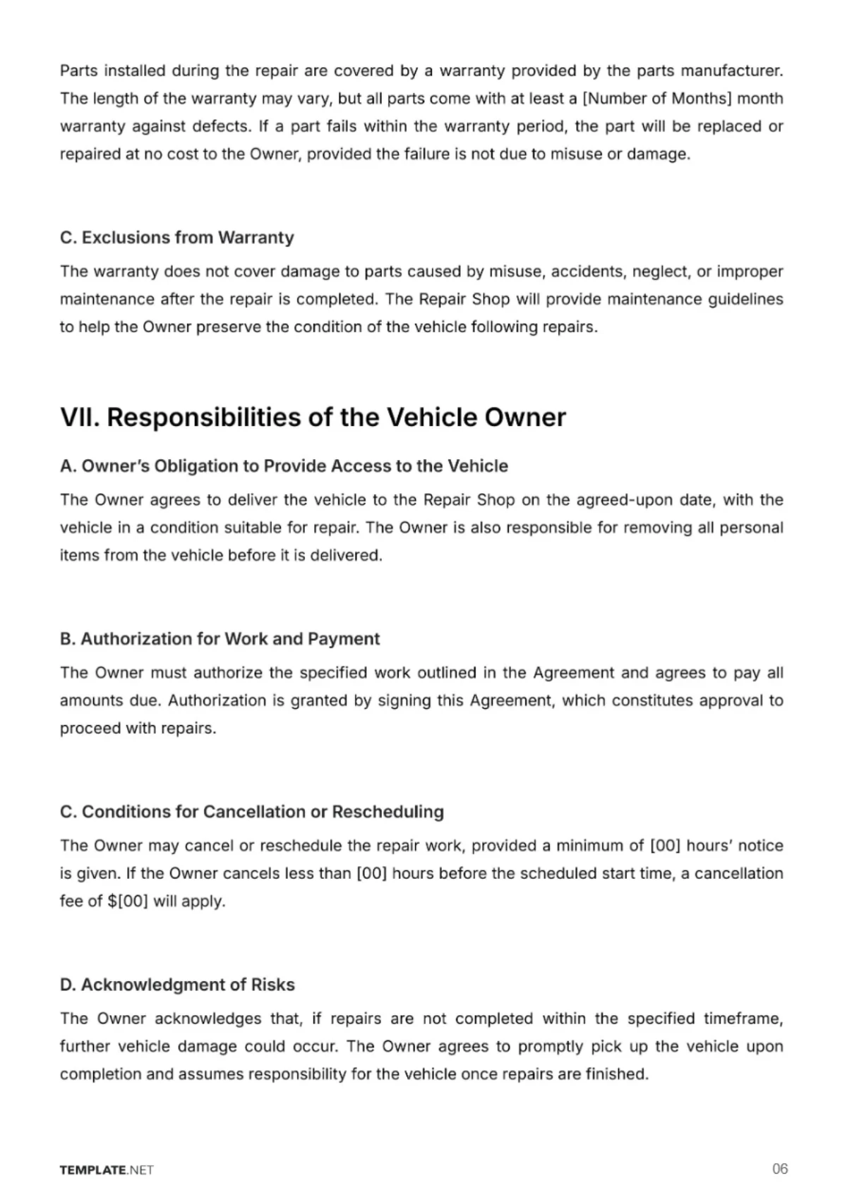 Free Automotive Repair Contract Template to Edit Online