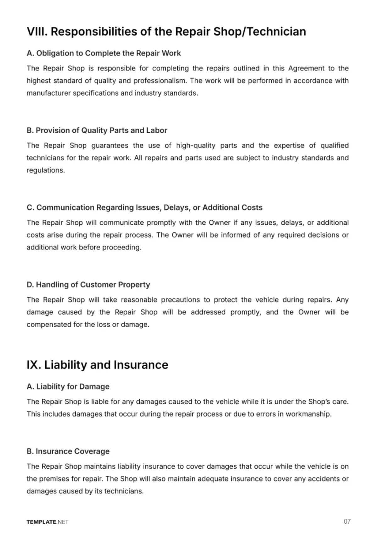 Free Automotive Repair Contract Template to Edit Online