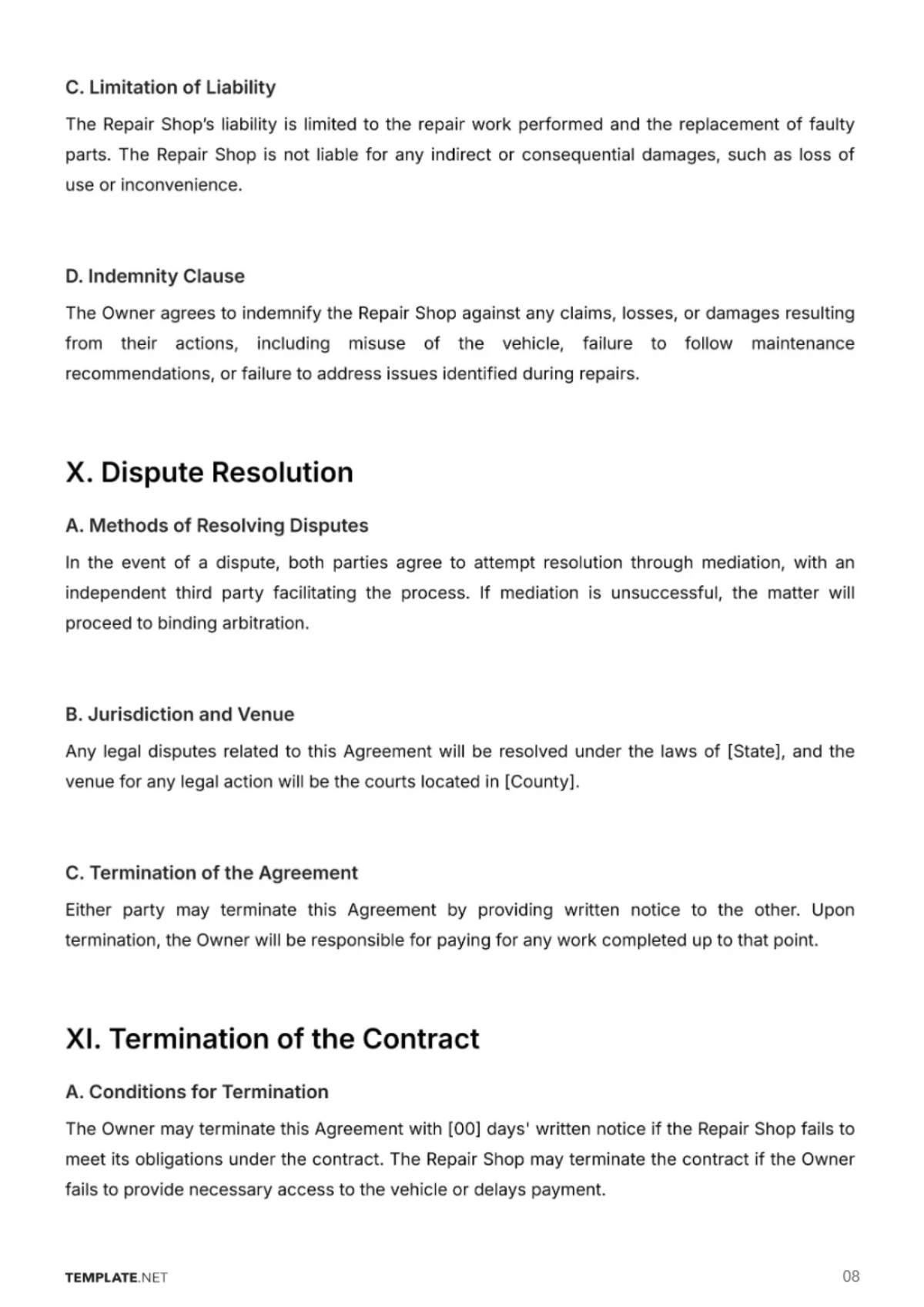Free Automotive Repair Contract Template to Edit Online