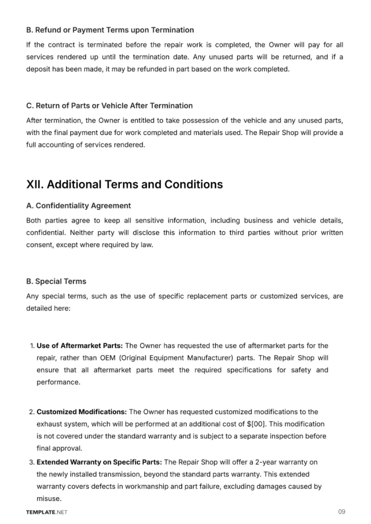 Free Automotive Repair Contract Template to Edit Online
